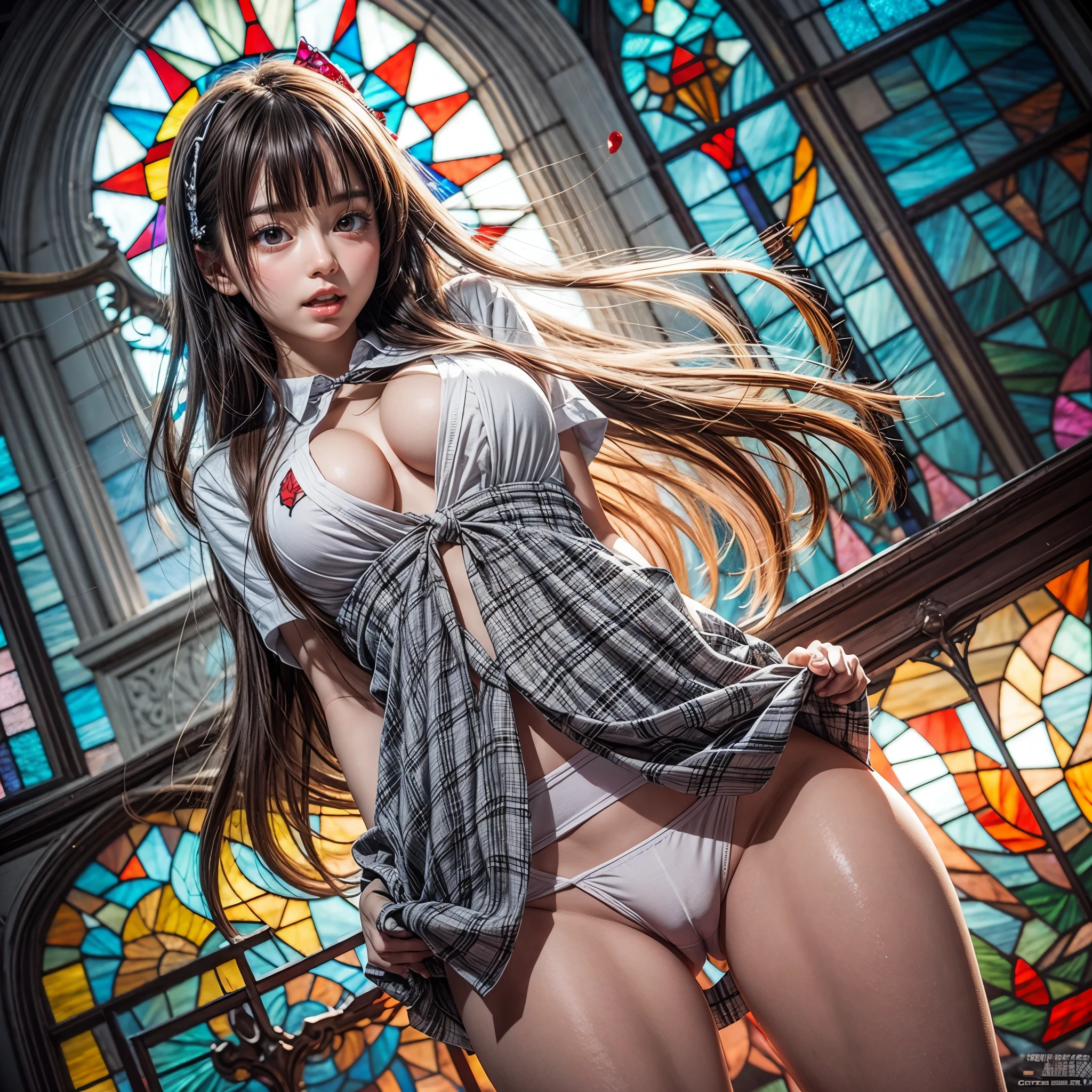 White and Red, (Dazzlingly colorful Light shines:1.2), Masterpiece, (physically-based rendering with ultra-detailed, (realistic and (photorealistic:1.37) with touch of rawness), Acutance:0.8) . A group of KAWAII girls in (school uniform) with opened Overflowing Gigantic Cleavage without bra . (((extremely detailed KAWAII face variations)) with joyful expressions), { Navel | pretty Ass | (Overflowing underboob) | White panties with (blood seeping only in crotch area) | (full of Flowers covering girl's body) | ((Dazzling colorful stained glass with stunning elaborate details:1.2)) | A Dazzling Halo (Floating) } . (Exposed:0.95), ((nipple:-0.9)), (not Detailed fingers:-0.9) .