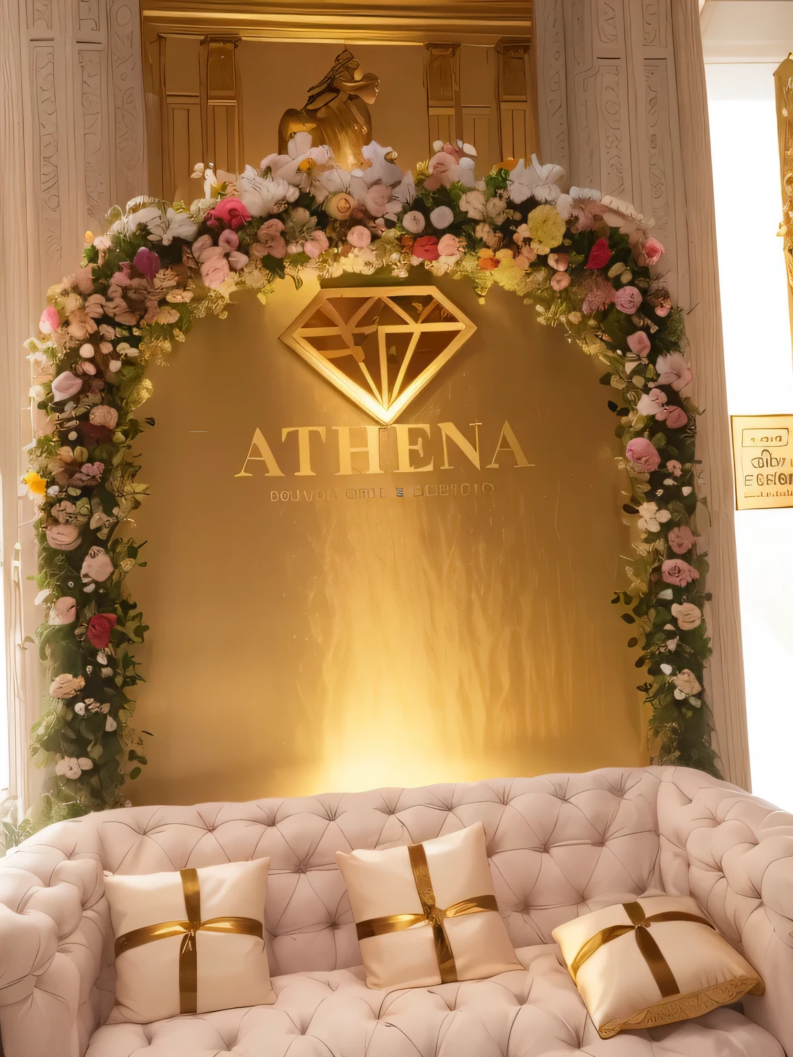 there is a sofa with pillows on it in front of a sign, Athena, déesse dorée Athena, Athens, Showroom Scene, Alena, Prise avec Sony Alpha 9, sévère comme Athena, Déesse grecque Athena, Alina Ivantchenko, Alphone Mucha, Tiare de fleurs, Athena, goddess of wisdom, floral scintillant, 🤬 🤮 💕 🎀, portail fait de roses