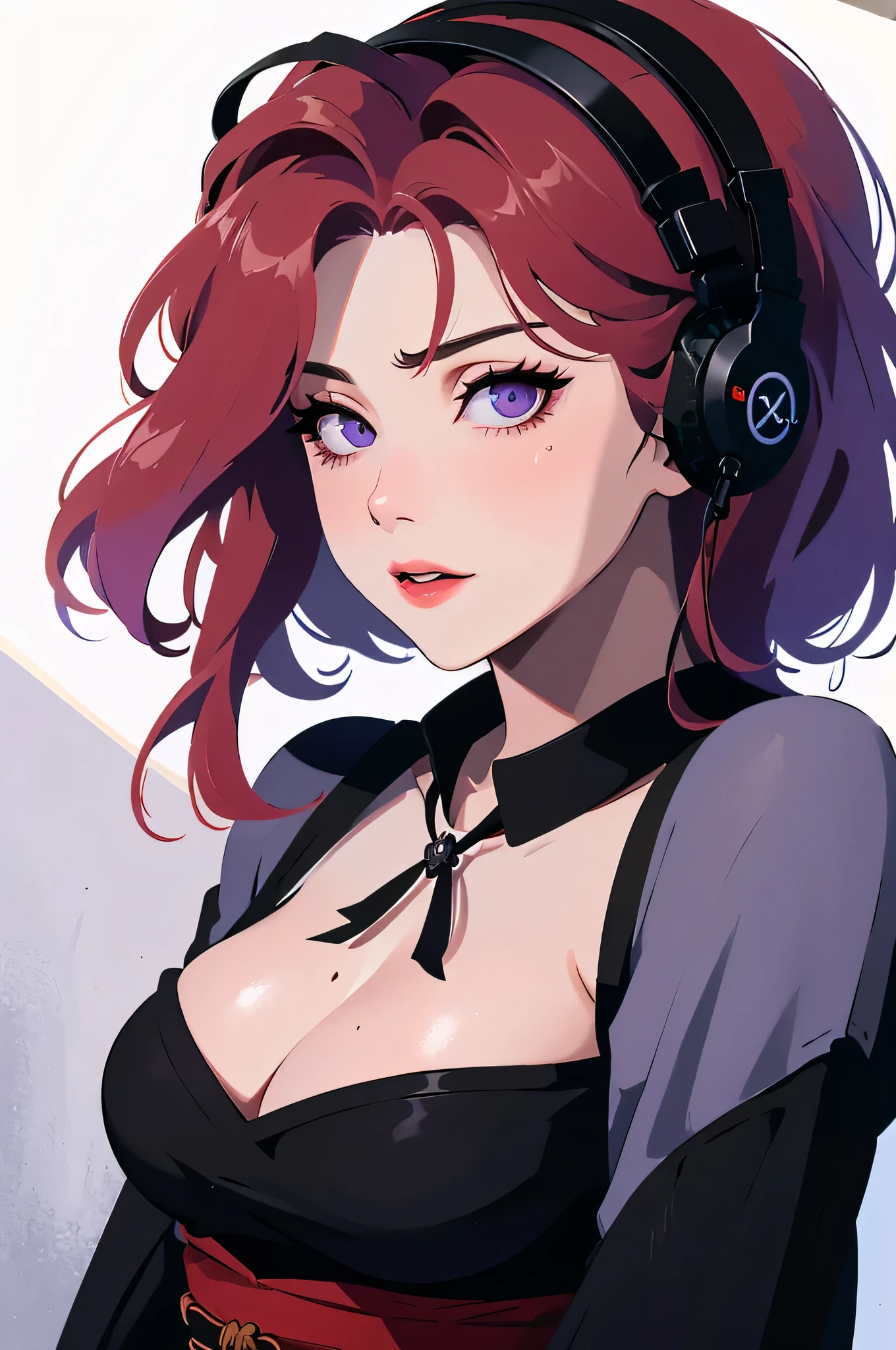 1 person, dark atmosphere, highly detailed skin,, cleavage,old japanese style ,8K quality, super sharp, Ultra realistic details, Red hair color、headphones.bright colors, black rose in hair , cleavage,(debris flies, highest quality, ultra high resolution),1 girl,beautiful and detailed face, fine eyes,((purple theme)),perfect eyes、no background,white background,,Isshiki、model,headphones