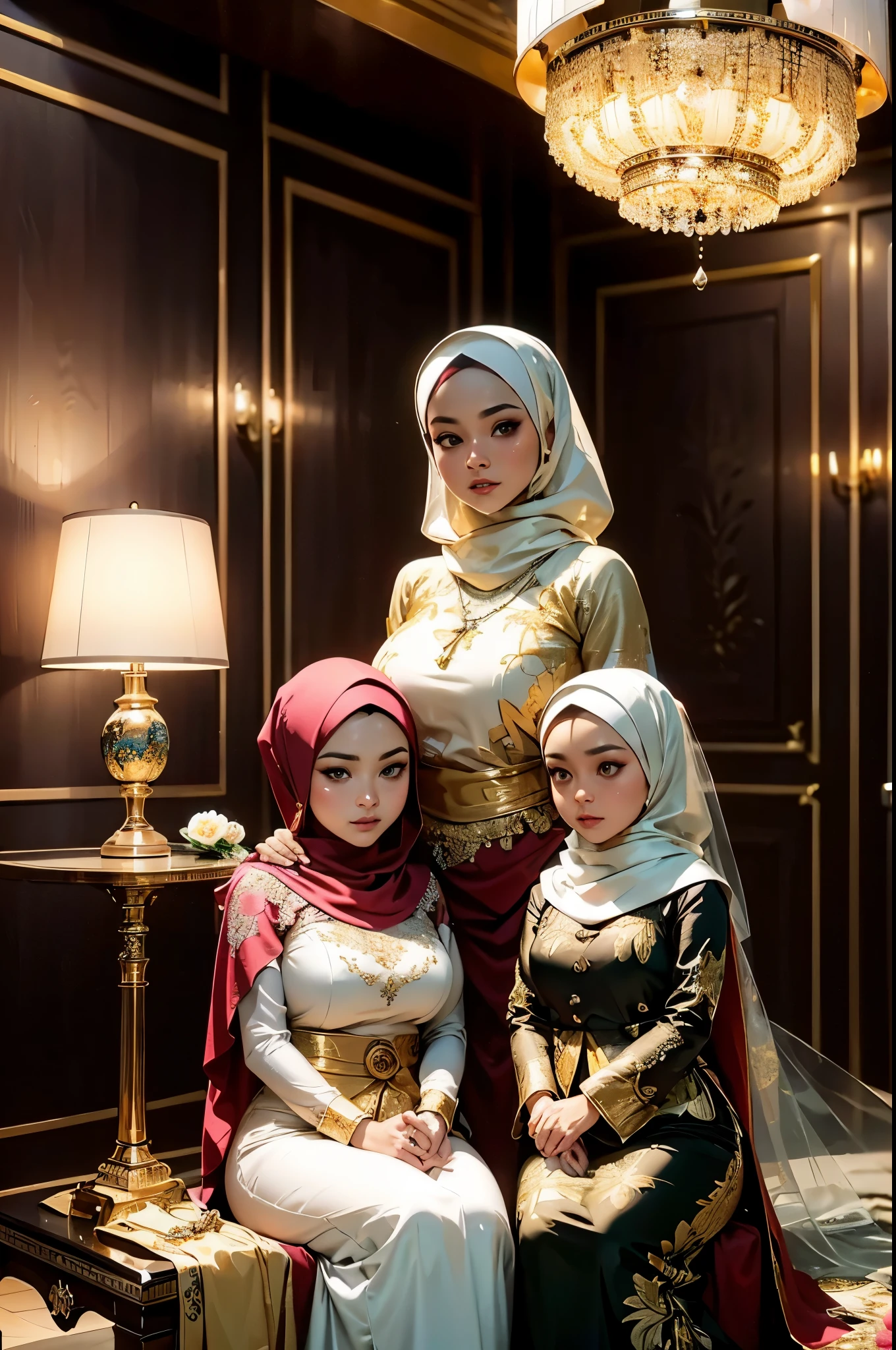 (beautifull indonesian and her younger sister with gigantic breast, wear detail luxury hijab), (detail kebaya), (elegant pose), (inside wedding hall), (luxury lamp), (luxury table), detail house background, detail luxury floor, detail flower vase, detail luxury table, detail luxury stair, detail luxury lamp, beautifull face, pretty face, beautifull eyes, beautifull nose, sexy lips, polished nails, raytracing, nsfw, beautifull fingers, beautifull hands, (nipples), (4 fingers in 1 hand), white skin, full body picture, pretty makeup, blush, masterpiece, best quality:1.2),(8k,highres,RAW photo,realistic,photo-realistic:1.3),(detailed skin texture,detailed cloth texture,beautiful detailed face:1.25),professional lighting,photon mapping,beautiful soft light,radiosity,physically-based rendering,model shoot style, model shoot style, (extremely detailed CG unity 8k wallpaper), full shot body photo of the most beautiful artwork in the world, complex 3d render ultra detailed, looking at viewer, 18 yo, real human skin, vibrant details, hyperrealistic, beautiful, octane render, an extremely delicate and beautiful, extremely detailed ,CG ,unity ,wallpaper,Amazing, finely detail,official art,extreme detailed eyes, (perfect face), shiny skin, colorful, highest detailed, vibrant colors, ultra high res, (high contrast), intricate, lens flare