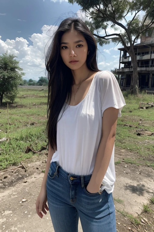 Thai Woman, look at viewer, long hair, shirt, jeans, cloud, day, sky,outdoors, post-apocalypse, ruins, scenery, tree, water,