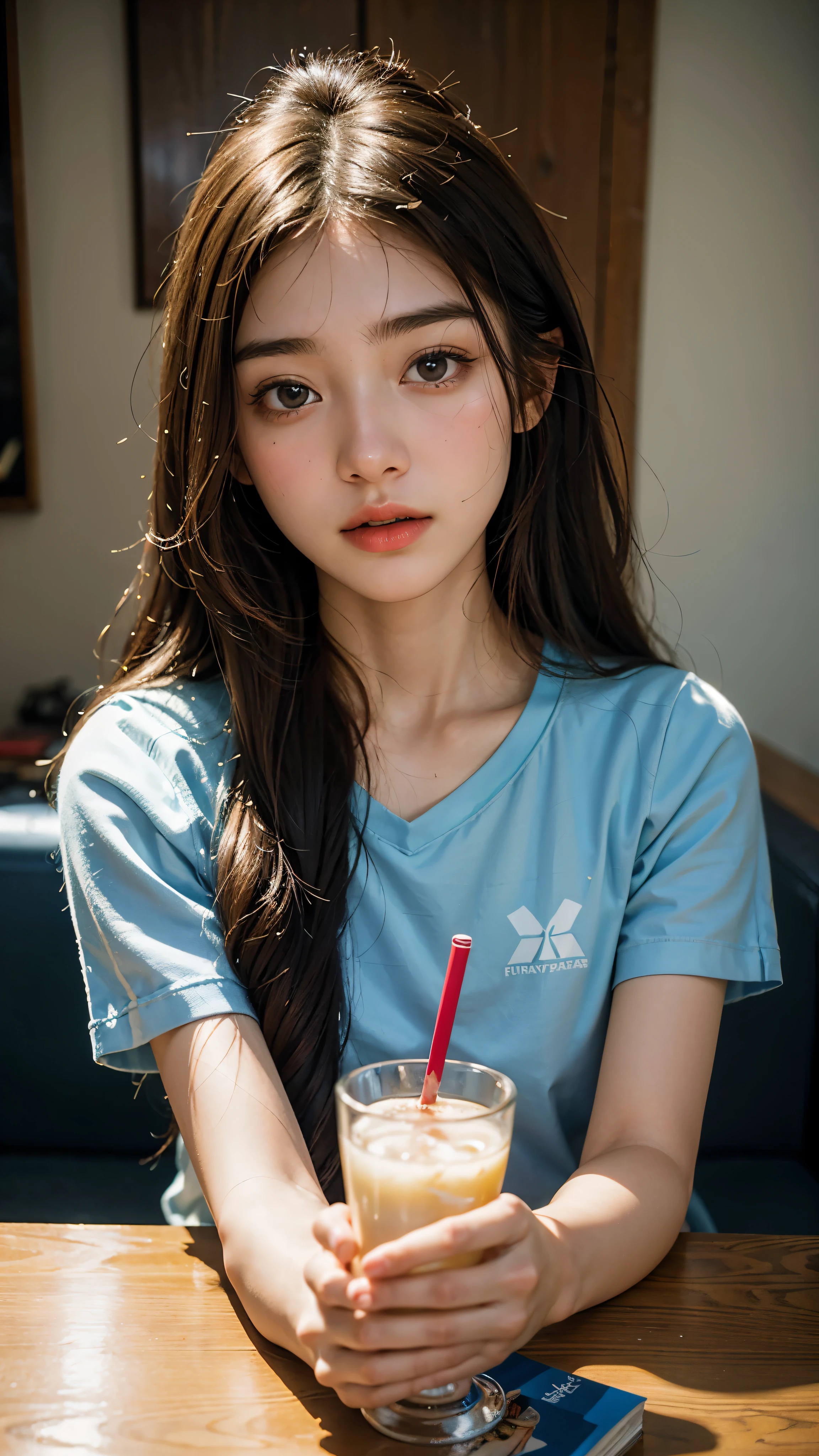 highest quality, masterpiece, ultra high resolution, (realistic:1.4), (close portrait) RAW photo, 1 girl, high school girl, hold a glass, masterpiece, realistic pictures, japanese pictures, fuji negative film, color, contrast, Pocari Sweat Advertisement ,winter,