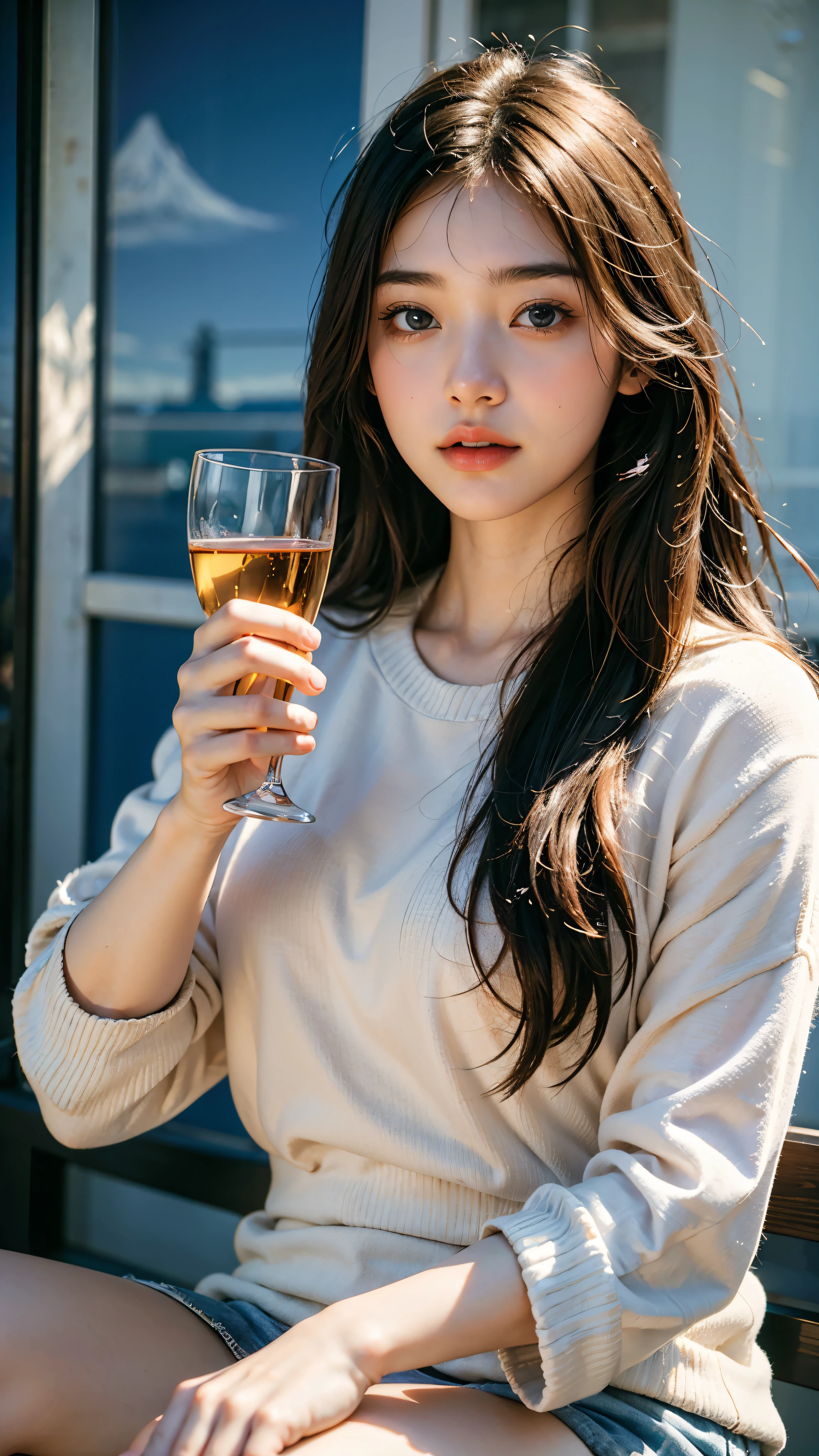 highest quality, masterpiece, ultra high resolution, (realistic:1.4), (close portrait) RAW photo, 1 girl, high school girl, hold a glass, masterpiece, realistic pictures, japanese pictures, fuji negative film, color, contrast, Pocari Sweat Advertisement ,winter,