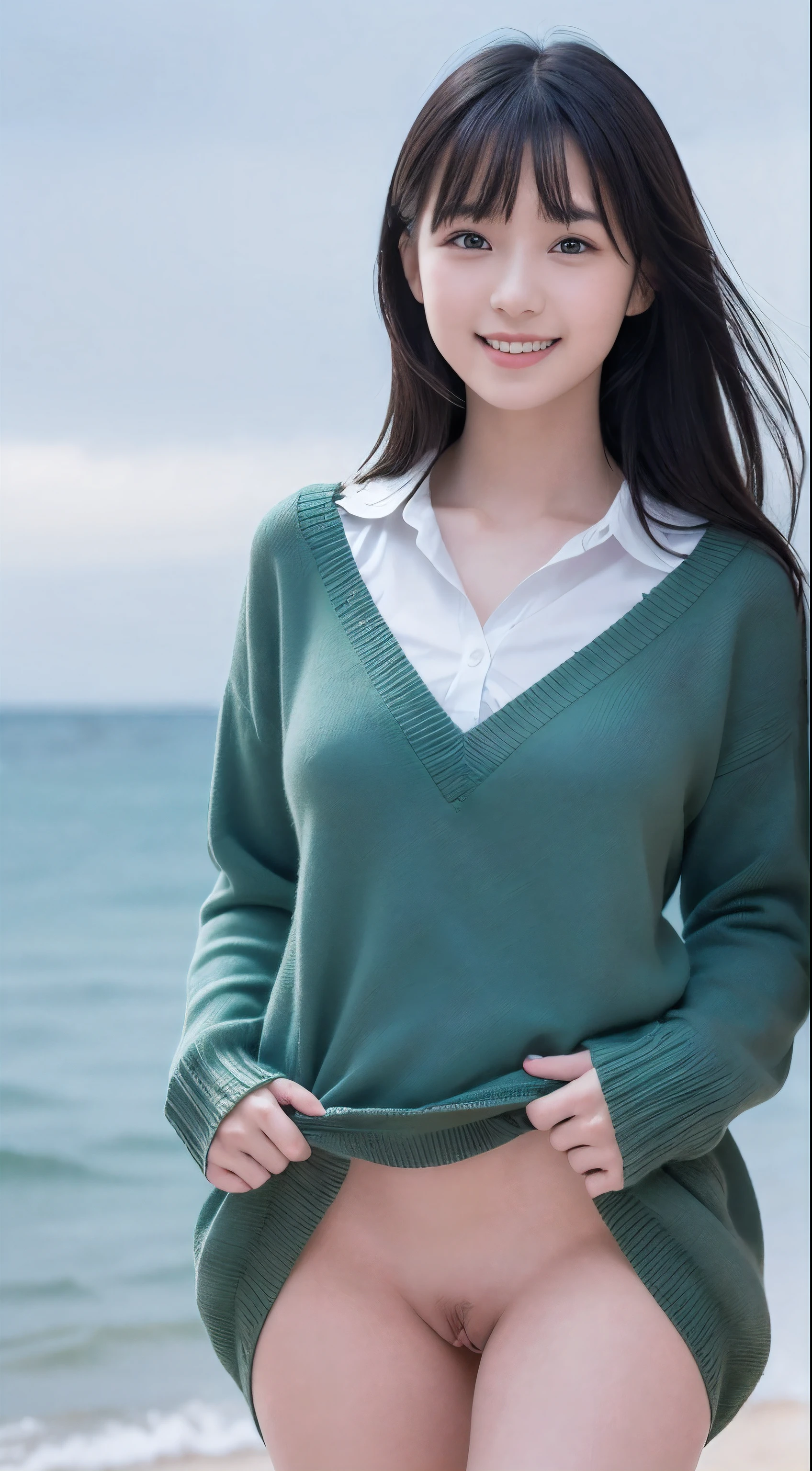 (((Photo from below:1.4)))、(((高台に立って視聴者を見下ろしているbeautiful girl:1.3))),((beautiful sea blue:1.2))、((white sand beach))、(cute profile)、(((naked oversized knit sweater:1.3)))、(((When I pull up the hem of my clothes, appear.:1.2)))、(very detailed beautiful face of one young girl), Great look and best quality:1.4), (Super detailed), (8K Dende Wallpaper), very detailed, High resolution RAW color photos, professional photography, realistic portrait, wonderful face and eyes, brown eyes, In 8K、very detailedbeautiful girlの詳細な顔、very detailed目、very detailed肌、very detailed指、very detailed鼻、very detailed詳細な口、perfect anatomy、detailed background、detailed clothing、beautiful girl、(16:1.2)、、cute girls、realistic body、body like a model、((realistic beautiful girl))、small、white skin、glowing skin、because I'that'that'that'that'that'It's thin、((very short and beautiful black hair))、((Nogizaka ))、((smile:1.2))、bangs: 1.5、cute face、Real-looking face、delicate eyes、((Wearing high school uniform and playing in the sea:1.3))、((lift knit sweater、Private parts and breasts appear..))、16 years oldand down))、(I feel itching when I open my legs)、please open your legs、((Local parts appear.......................))、((shaved pussy ))、((small breasts and small nipples............)), Depth of written boundary, full shot、3 women、Japanese、16 years old、(beautiful face:1.5)、(not wearing anything)、(running on the beach)