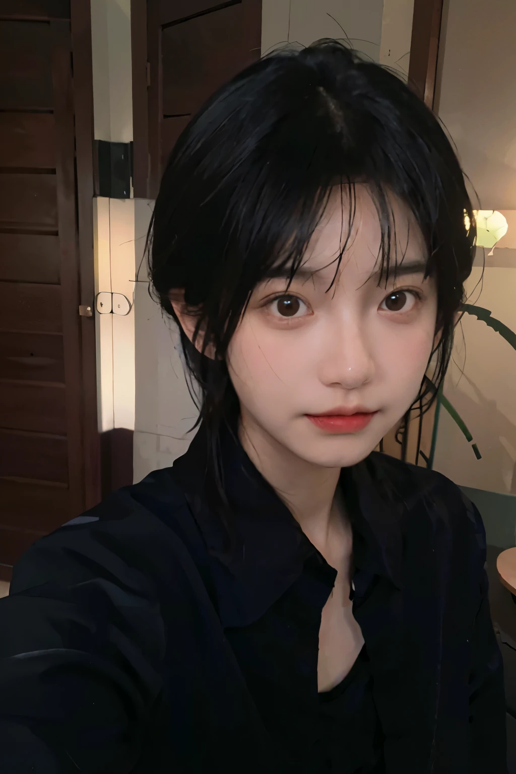 (8k, RAW photo, best quality, masterpiece:1.2),(realistic, photo-realistic:1.37), 1girl,    side lens,   close-up, selfie, soft smile, closed mouth,    upper body,  black suit, short hair with side band, hotel,  22 year old