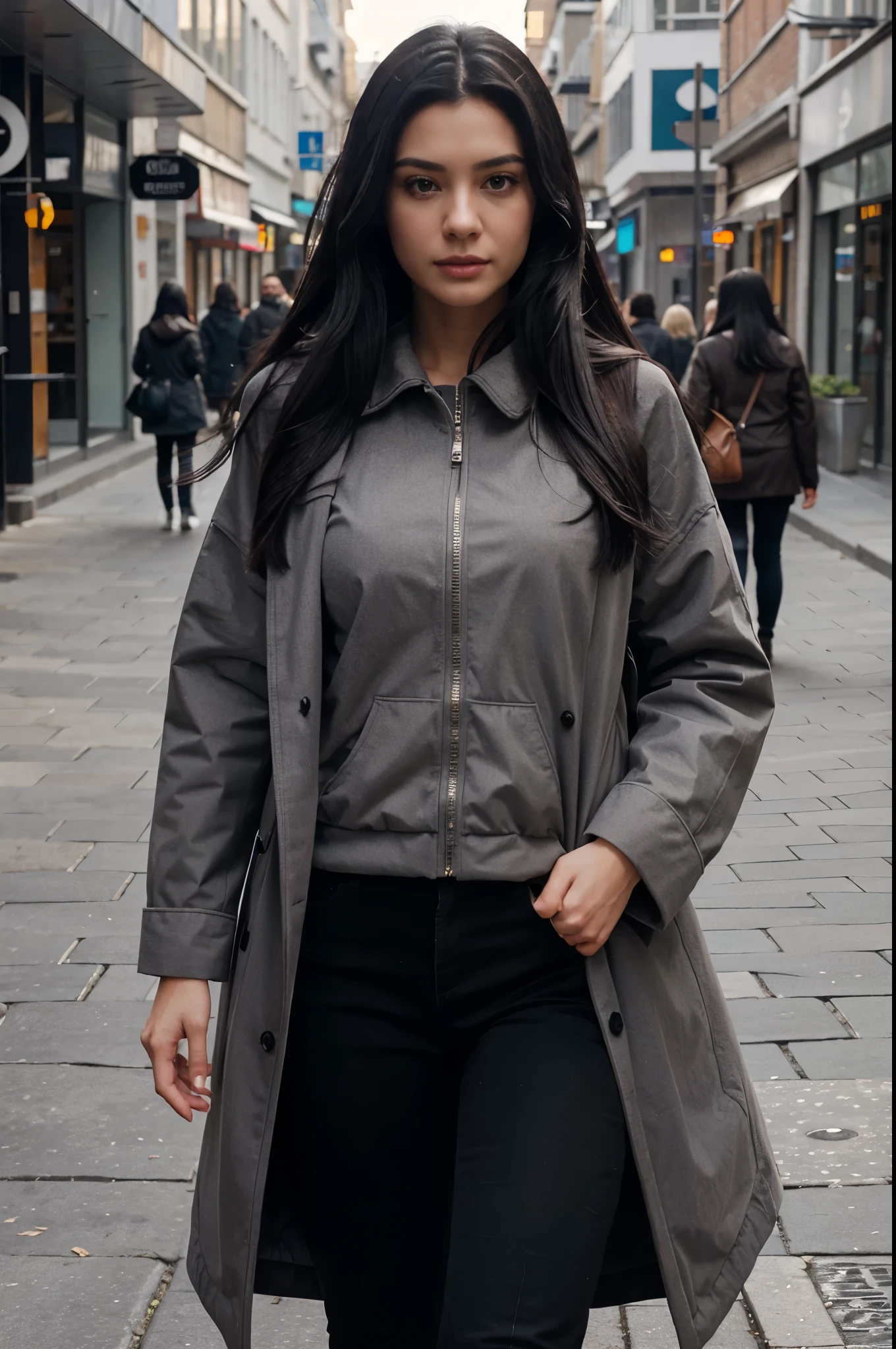 Long black hair. Wearing grey coat. Walking in the street. Masterpiece. Best quality. Ultra realistic. Photorealistic.