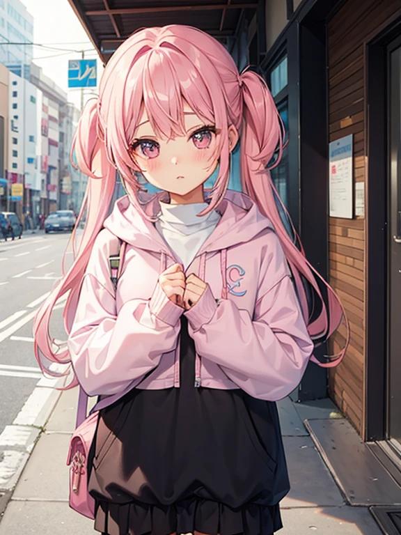 One girl、Pink hair、PastelColors、Cute、blush, tiny chest, oversize hoodie