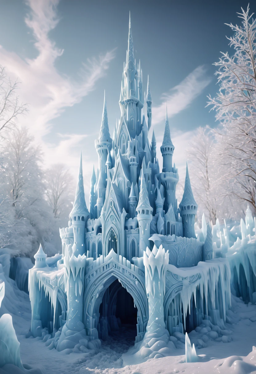 a Beautiful Elf, Elf ear, Winter wonderland, ice castle, mystical and ethereal, shimmering with icy hues. In a snowy landscape, an enchanting ice castle stands tall and majestic. The castle  adorned with delicate icicles that glisten in the sunlight, casting a magical glow. Inside the castle, there are elegant ice sculptures and crystal chandeliers that illuminate the surroundings. The environment  serene and peaceful, with a sense of tranquility in the air. The composition highlights the grandeur of the ice castle, capturing its intricate details and breathtaking beauty. The image  realized in a sculpture style, with precise carving and intricate craftsmanship. The mood  ethereal and filled with wonder, evoking a sense of awe and enchantment, long hair, detailed eyes, Romance, film grain, RAW photo, Cinematic lighting, octane render, (best quality, masterpiece, Representative work, official art, Professional, 8k:1.3)