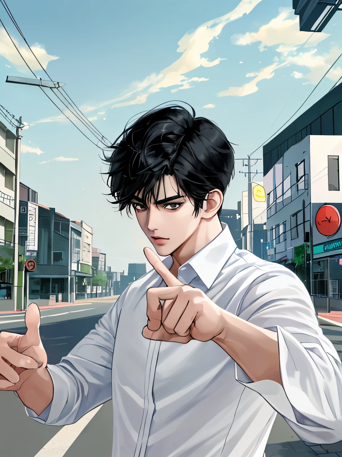 1boy, black hair, upper body, handsome, anime, white shirt, turn back, standing the street, pointing to the road ahead, nights, dark sky, masterpiece, best quality, delicate face.