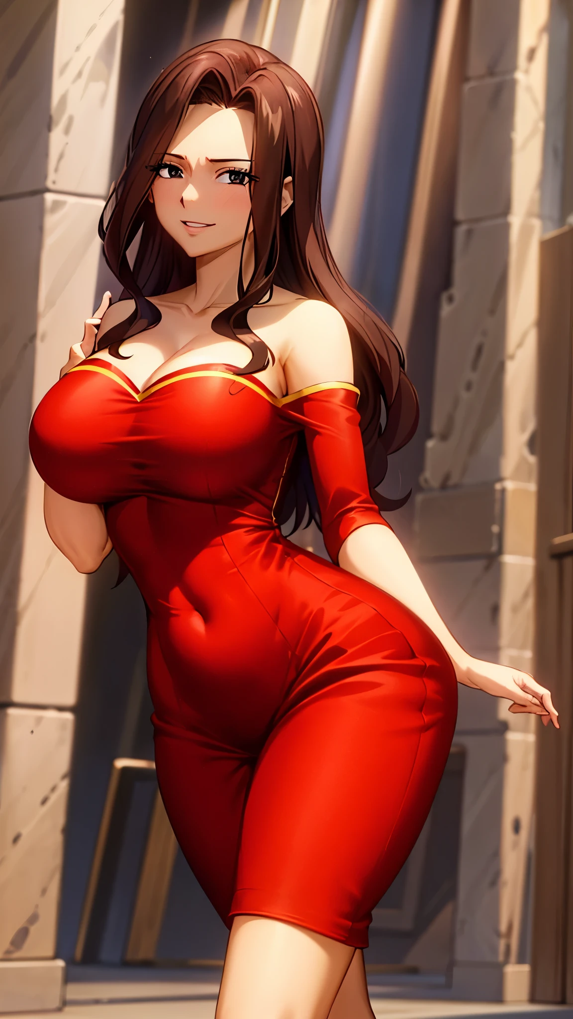 at the gala night,Wearing a tight red dress,masterpiece, high quality, 8k, best qualitymasterpiece, cinematic lighting,off shoulder,cleavage, big boobs, extremely detailed CG unity 8k wallpaper, canarnd, 1girl, mature female,smile, parted lips, looking at viewer,