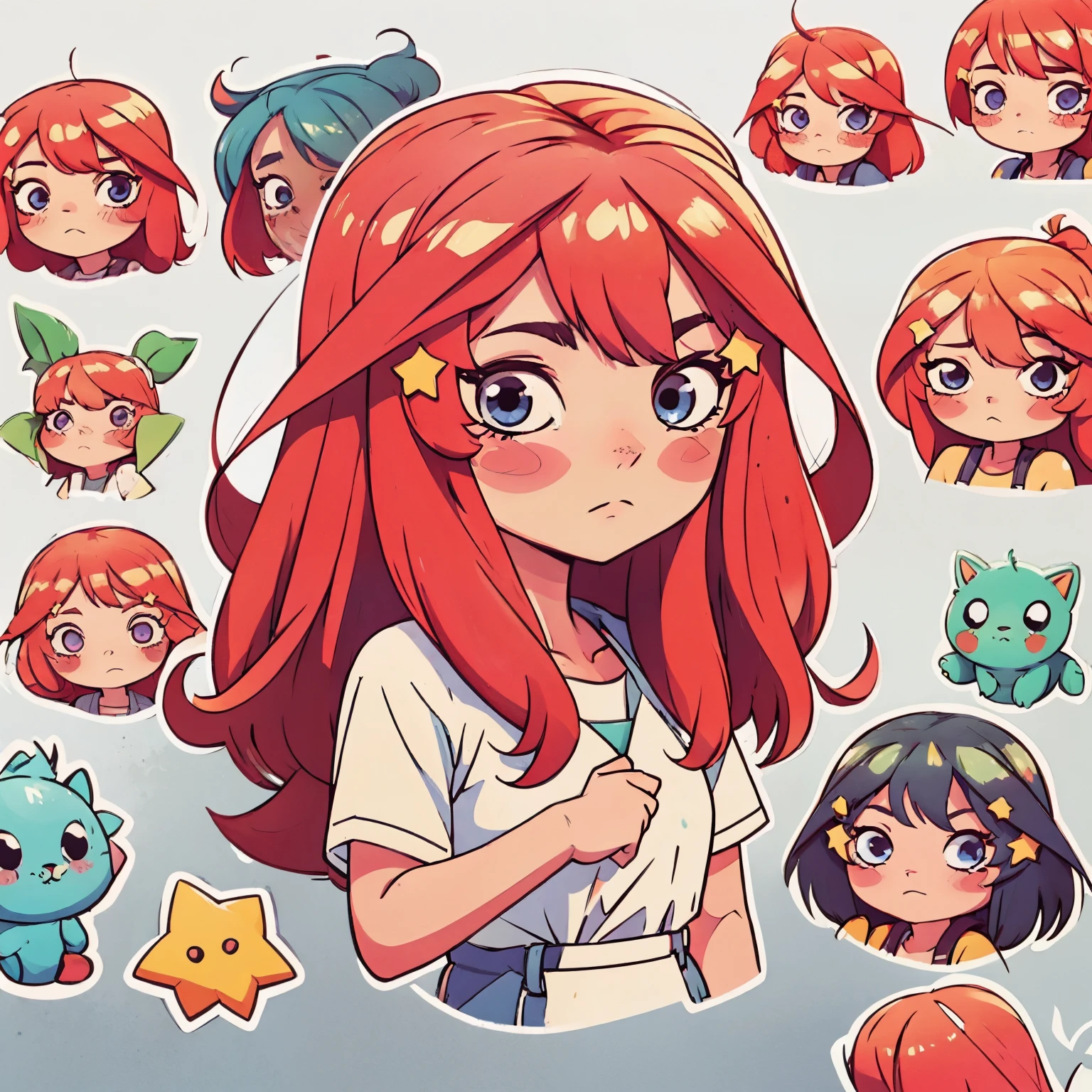 Multiple stickers, 1 girl, solo, sticker, (cute), white background, no background, background, minimal, cute, tiny, pastel color, vector style, no gradient, simple stickers, itsuki nakano, itsuki nakano head, long red hair, fluffy hair, parkling blue eyes, star shaped hairpins, itsuki nakano sticker, Itsuki Nakano, long fluffy red hair, blue eyes, nakano_itsuki, star hairclips, 5 pointed star hairclips, Itsuki, star hair ornaments