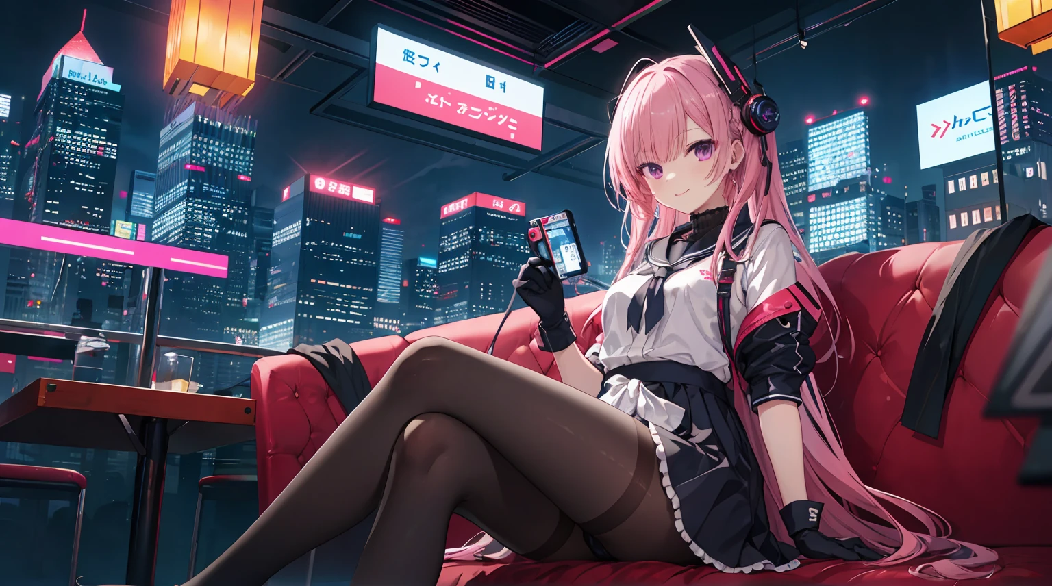 a girl，solo，Long pink hair，gentle，Smile，medium long hair，dishiveredhair，short sleevelack pantyhose,short sleeves游戏服，black skirt，black underwear，black stockinglack gloves，cyberpunk characters,night, night city background，digital punk, anime style 4k, Sitting on the sofa，indoors，In the restaurant，mitsukasa ayase、character-centered