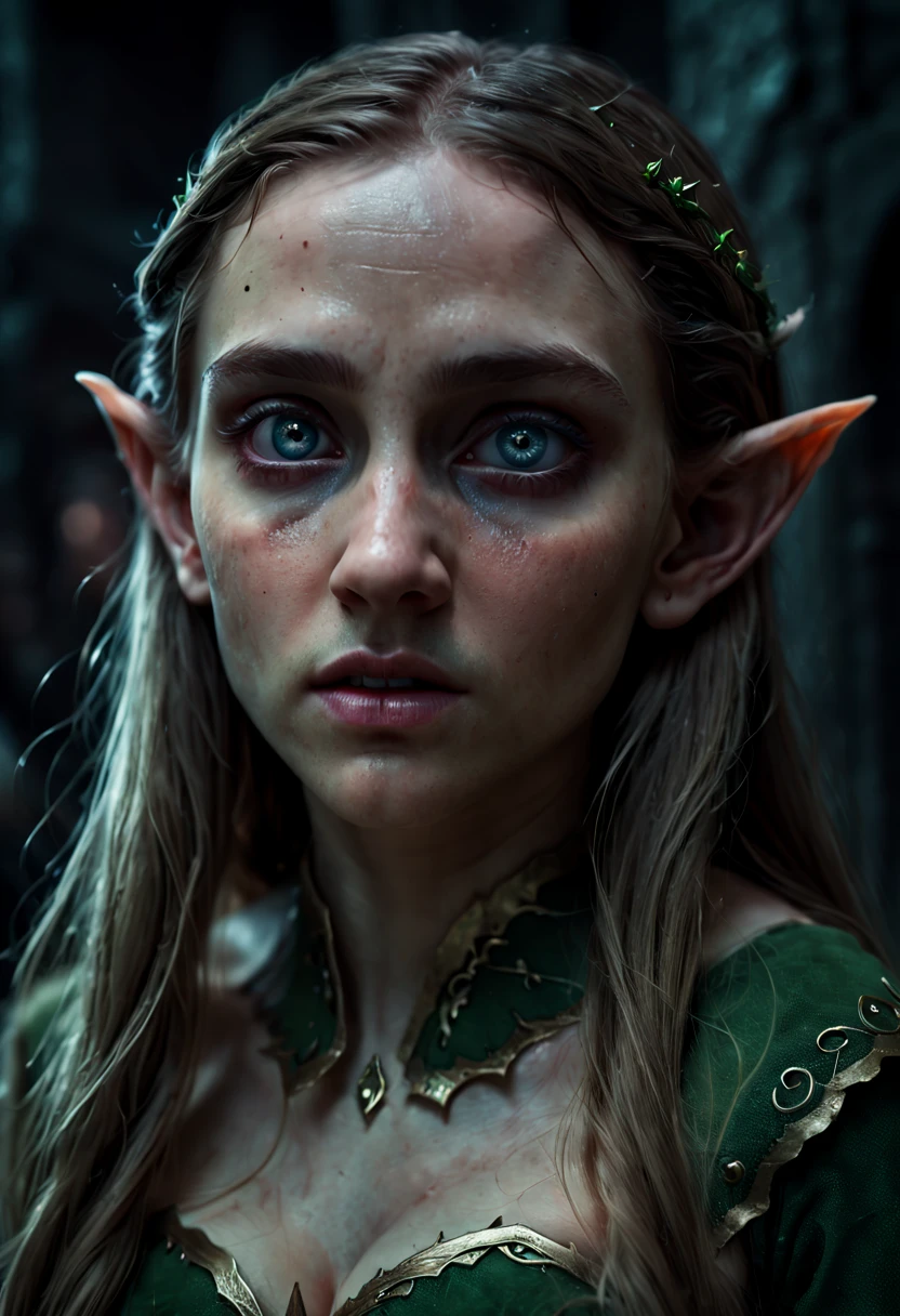 a Beautiful Elf, Elf ear, (photo realism), film texture, horror photography, very fine and beautiful, very fine CG, unified, dystopian, incredibly dystopian, long hair, detailed eyes, Romance, film grain, RAW photo, Cinematic lighting, octane render, (best quality, masterpiece, Representative work, official art, Professional, 8k:1.3)