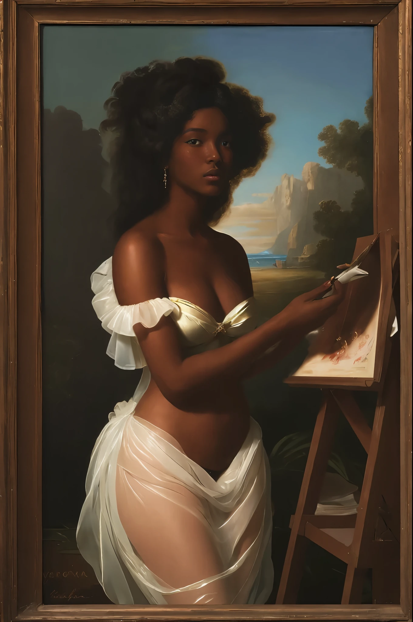 The Birth of Venus with ebony skin wearing a sheer dress with one hand extended towards an easel holding a piece of a broken painting, by Vigée Leblanc