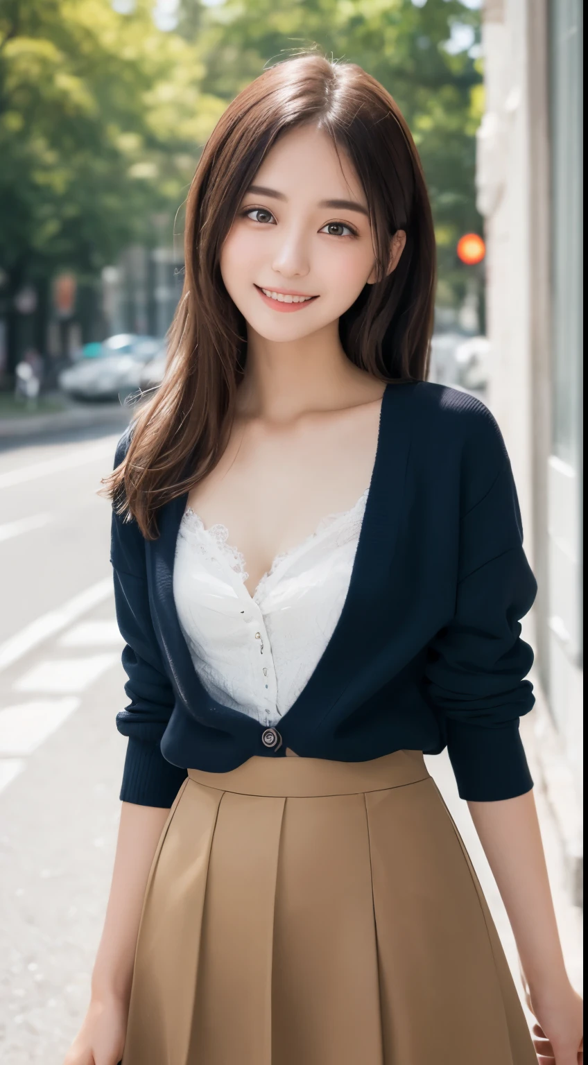 smile、laugh, Laughter、 White panties、night、Raw photo、(((ultimate beauty portrait)))、((glowing skin))、1 girl、 beautiful girl from Prague、bright look、((brown hair))、(cleavage)、(flare skirt:1.5)、((Big eyes that shine like jewels))、open cardigan、open your clothes、pantyhose、Glossy and glossy skin、(medium hair)、(silky ponytail hair)、( Are standing)、(from below)、under the skirt、(from below下着の接写)、eyeliner、beautiful bangs、hair between eyes、((masterpiece、最high quality、super detailed、film light、intricate details、High resolution、very detailed))、detailed background、8KUHD、Digital single-lens reflex camera、soft light、high quality、film grain、Fujifilm XT3 、shallow depth of field、natural soft light、Kamimei、rich bust