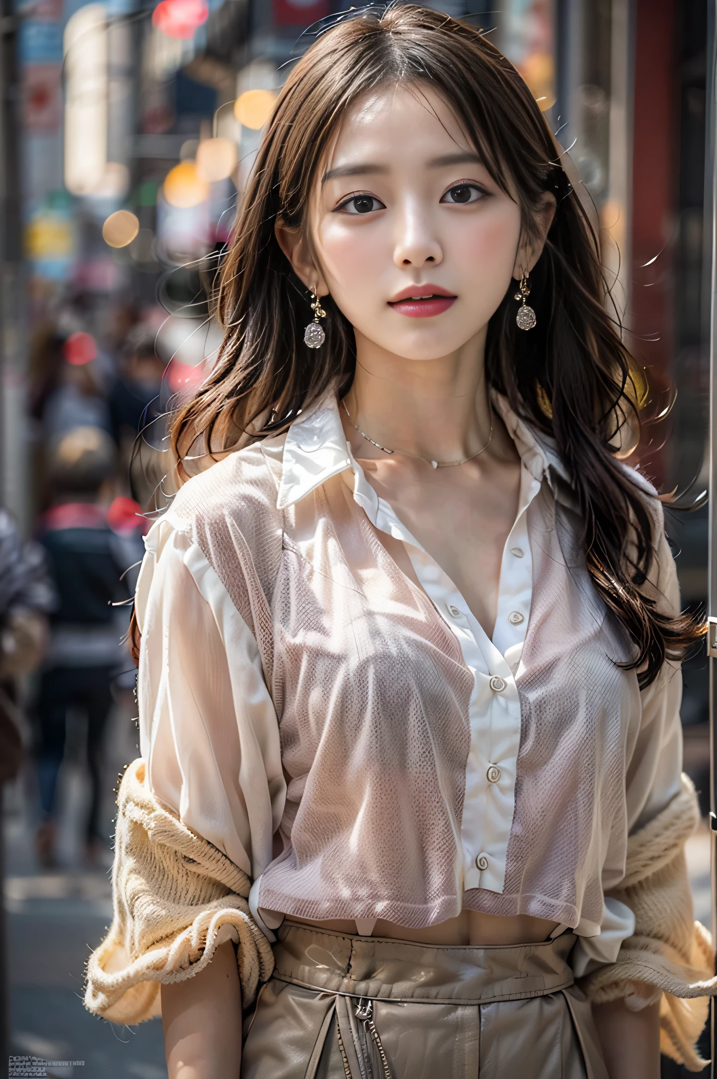 on the street, best quality, super detailed,ultra high resolution, 8k wallpaper, perfect composition, beautiful eyes, Natural lip color，dignified and,Smile、looking at camera、A 20-year-old girl、Height 165cm，perfect face，Looks a lot like actress Song Hye Kyo，Korean temperament，Exquisite earrings for mid-chest，Wear a white suspender，navel-baring outfit，Short and very delicate 1.1), (perfect details: 1.1),masterpiece，Wear peach blossom jewelry，Fragrant shoulders，clavicle
