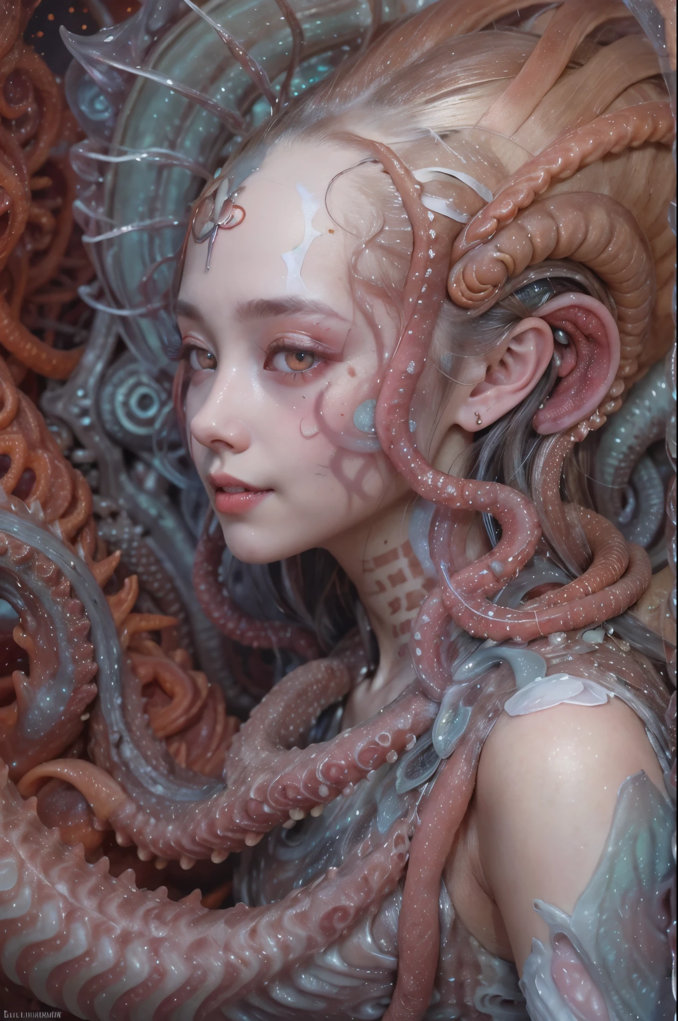 scary and sexy detailed art in color, Portrait, (beautiful and obscene female alien:1.4), (vulgarity1.7), (she has red eyes with no pupils:1.8), (Translucent white skin:1.7), (There is a female genital-like organ in the middle of the forehead:1.9), (The most beautiful face in the history of the universe:1.2),an evil gaze that seduces, (large mouth:1.1), (sharp teeth like a vampire:1.2), Full body portrait, (bio luminescent:1.5), (Smile wickedly:1.3), (sexypose:1.5), alien, No humans, cells are fused, (Lots of translucent tentacles:1.3) extraterrestrial, cell, bio image, best quality, 8K, In 4K_quality, High freshness, Dramatic Lighting, masutepiece:1.5,cinematic quality, detail up, (exquisite details:1.2), high resolution, High freshness, drawing faithfully, (Thick eyebrows:1.2), Beautiful eyes with fine symmetry,(Highly detailed face and eyes:1.2), Intimate face, (Super detailed skin quality feeling:1.4), perfect anatomy, (Beautiful toned body:1.5), (Moist skin:1.2), not wearing makeup, (dark circles:1.1), long canines, cinematic drawing of characters, ultra high quality model, cinematic quality, detail up, (exquisite details:1.2), high resolution, High freshness, drawing faithfully, official art, Unity 8K Wall paper, best quality, Very high resolution, ultra detailed artistic photography, midnight aura, unreal engine 5, Ultra Sharp Focus, art by Amano Yoshitaka, ArtGerm, Roisch, intricate artwork, best quality, masterpiece, ultra high resolution, (photos realistic:1.4), ultra realistic realism, dream-like, nautilus, Creation of fantasy, Snail, Dream Snail, (biopunk nautilus:1.3),Thrilling color schemes, ultra realistic realism, seductively smiling, Blue tentacles, Amazing mutation, well-proportioned body, goddess of the deep sea