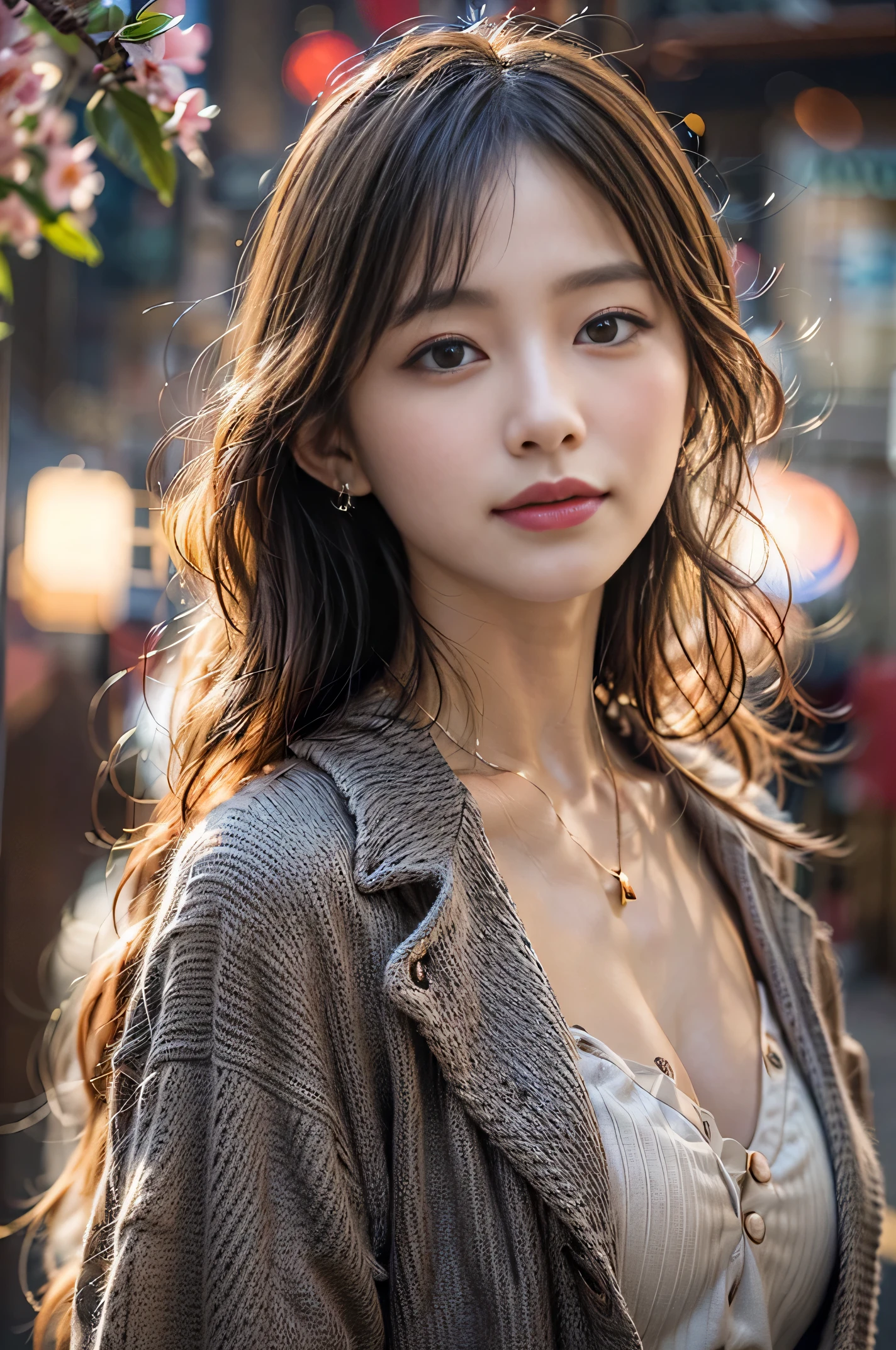 on the street, best quality, super detailed,ultra high resolution, 8k wallpaper, perfect composition, beautiful eyes, Natural lip color，dignified and,Smile、looking at camera、A 20-year-old girl、Height 165cm，perfect face，Looks a lot like actress Song Hye Kyo，Korean temperament，Exquisite earrings for mid-chest，Wear a white suspender，navel-baring outfit，Short and very delicate 1.1), (perfect details: 1.1),masterpiece，Wear peach blossom jewelry，Fragrant shoulders，clavicle
