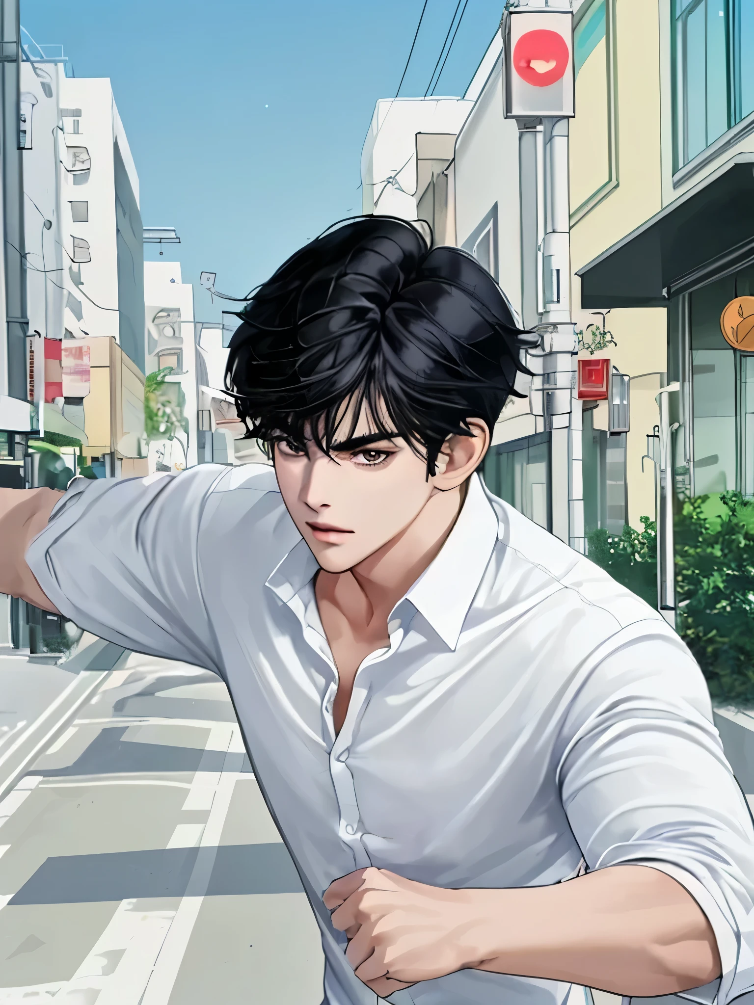1boy, black hair, upper body, handsome, anime, white shirt, turn back, standing the street, night, dark sky, masterpiece, best quality, delicate face.