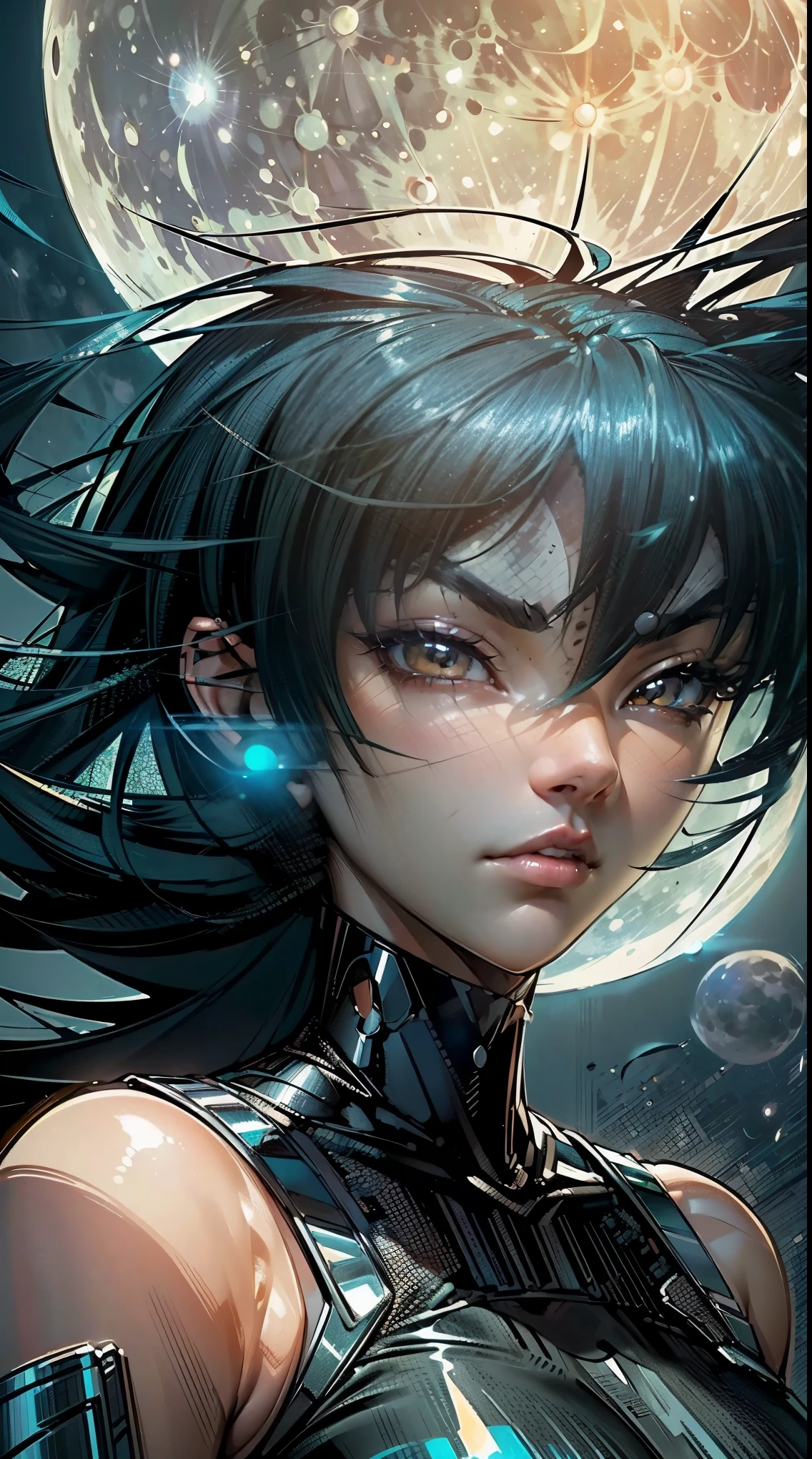 1girl,(concept art:1.0),(Taimanin Asagi style:1.4), woman wearing a bodysuit,(Close-up of face and shoulders:1.4),(big eyes:1.2),(beautiful face:1.2),(The background is the moon:1.5)