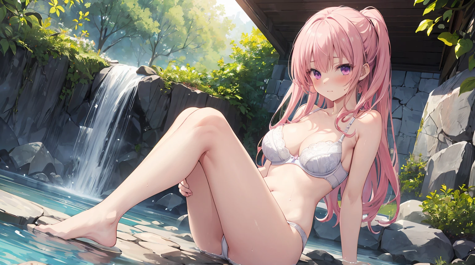 4k anime,1girl, solo, 170cm height,mitsukasa ayase, pink hair,70CM bust,bare arms,high resolution,Realistic, 1wall, wide angle,1girl, long hair, shy, embarrassed, blushed, wide angle, POV, (white bra, white panty), light rays, glow, (masterpiece), wallpaper,full body portrait,bare legarefoot,In the open-air hot spring,Damp underwear,moist body