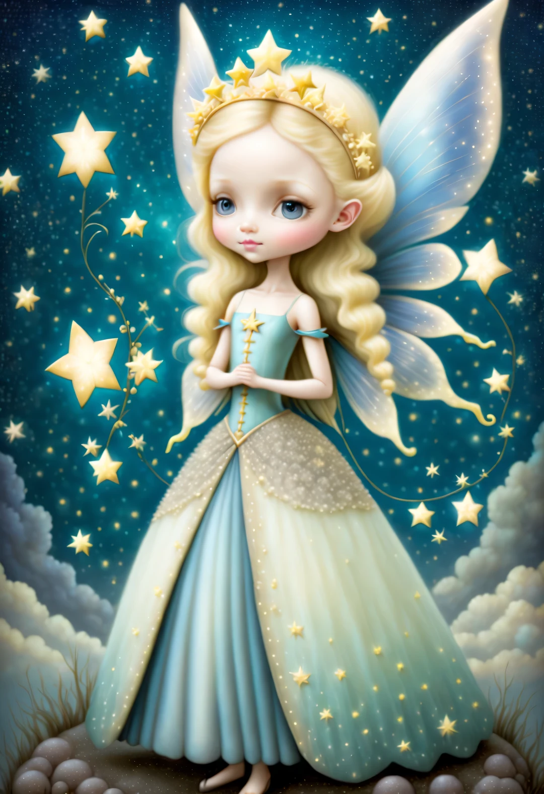 author：Nicoletta Seccoli，A hopeful blonde fairy princess stands on a starry nighf portrait，blue，Purple，