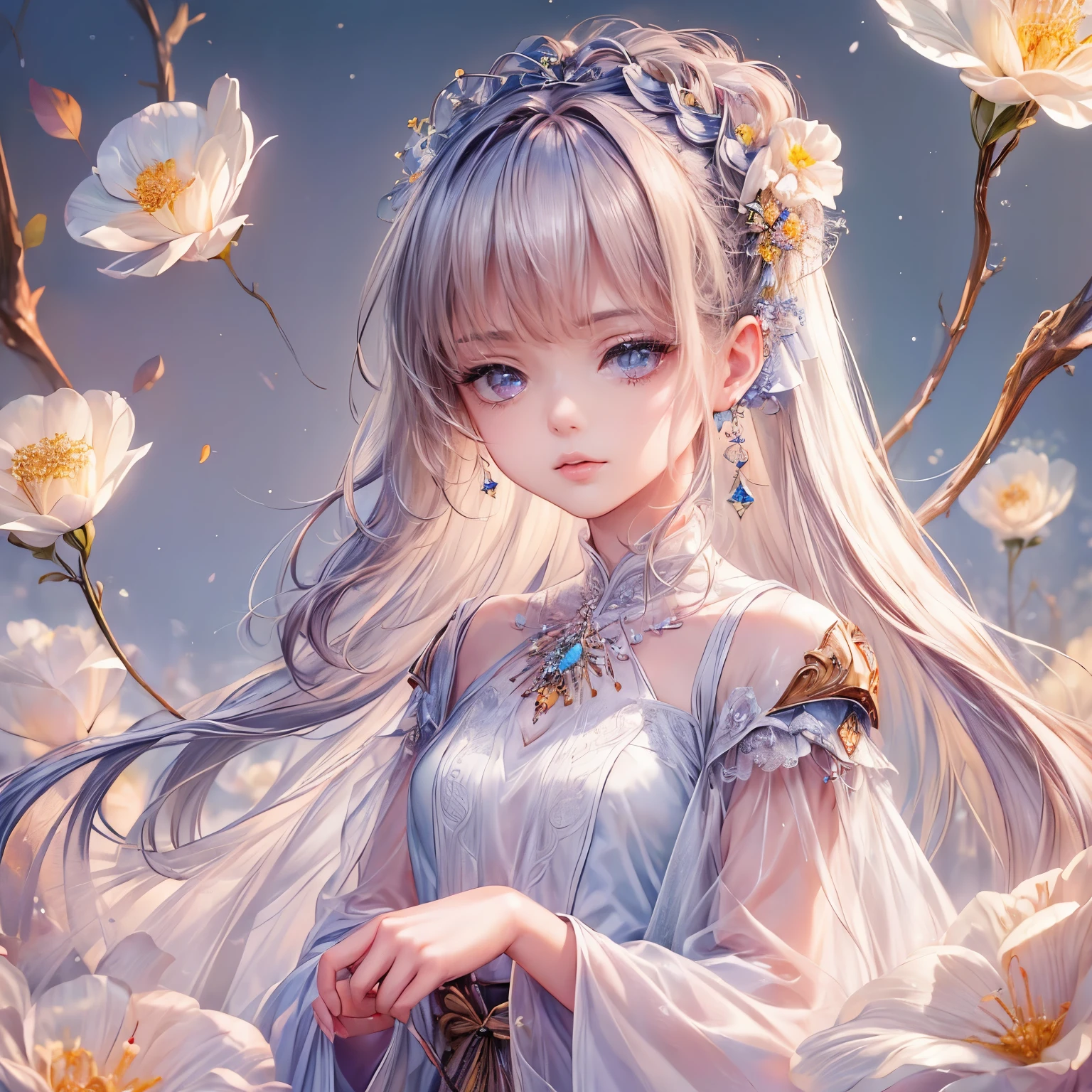 (highest quality:1.4),(masterpiece:1.4),super detailed,8K,cg,exquisite,Upper body,Lonely,thumb girl,Little Princess,flowing coat dress,garden background,detailed facial features,long curly hair,Almond Eyes,Delicate eye makeup,long fluttering eyelashes,Sparkling starry eyes,and a starry gaze, intricate lip details,soft and harmonious style.