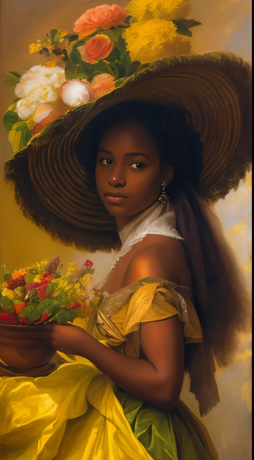 Pretty young woman with ebony skin in a yellow dressWearing a hat with flowers on it, A pretty young heiressinspired by Friedrich von Amerling, inspired by Francesco Hayez, author：Francesco Hayez, inspired by Franz Xaver Winterhalter, portrait of a young empress, Portrait of an actress, author：Emmanuel de Witte, author：Friedrich von Amerlin, Young woman, author：Dirk de Bray