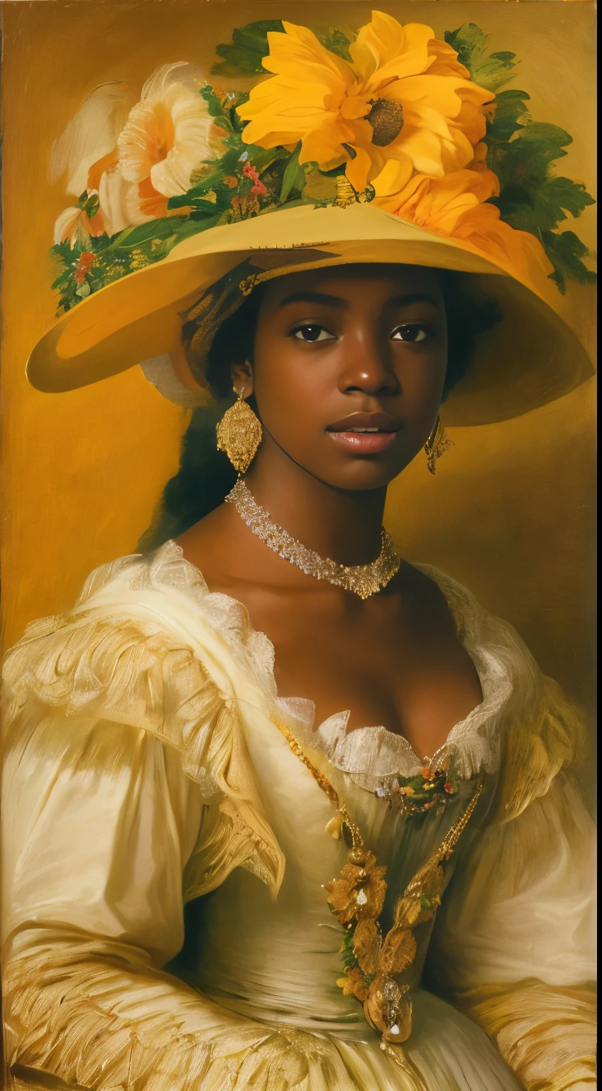 Pretty young woman with ebony skin in a yellow dress，Wearing a hat with flower arrangement, A young woman, inspired by Friedrich von Amerling, inspired by Francesco Hayez, author：Francesco Hayez, inspired by Franz Xaver Winterhalter, portrait of a young empress, Portrait of an actress, author：Emmanuel de Witte, author：Friedrich von Amerlin, Young woman, author：Dirk de Bray