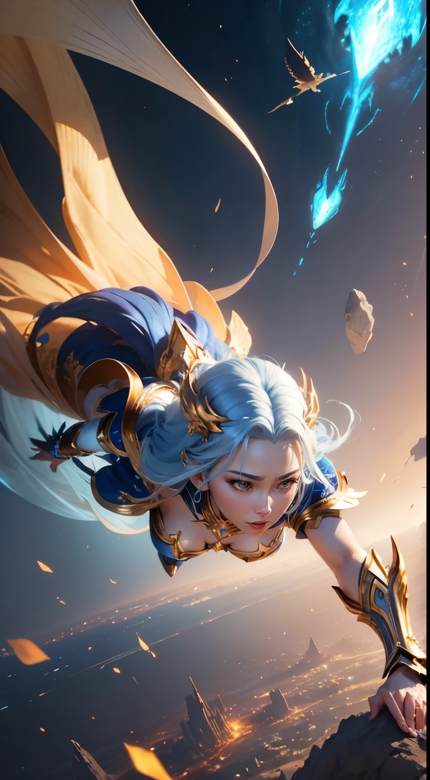 a close up of a woman in a silver and gold blue dress, flying, full body, chengwei pan on artstation, by Yang J, detailed fantasy art, stunning character art, fanart best artstation, epic exquisite character art, beautiful armor, extremely detailed artgerm, detailed digital anime art, artgerm on artstation pixiv, armor girl