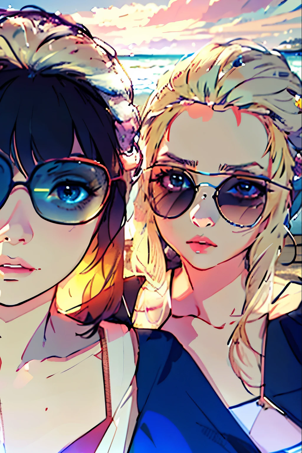 blond haired woman in blue bikini and sunglasses standing next to another woman, artwork in the style of guweiz, two beautiful anime girls, made with anime painter studio, guweiz, anime realism style, in the art style of bowater, realistic anime artstyle, digital art ilya kuvshinov, in the beach, ilya kuvshinov. 4 k