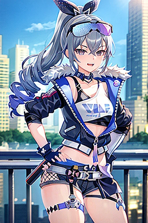 1girl, silver wolf \(honkatar rail\), cropped jacket, fingerless gloves, black shorts, eyewear on head, goggles, thigh strap, hair ribbon, crop top, choker, drill ponytail, standing, cowboy shot, smug, open mouth, naughty face, hand on hip, cityscape, skyline, depth of field
