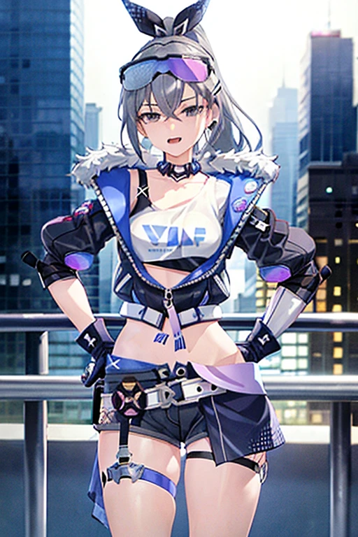 1girl, silver wolf \(honkatar rail\), cropped jacket, fingerless gloves, black shorts, eyewear on head, goggles, thigh strap, hair ribbon, crop top, choker, drill ponytail, standing, cowboy shot, smug, open mouth, naughty face, hand on hip, cityscape, skyline, depth of field
