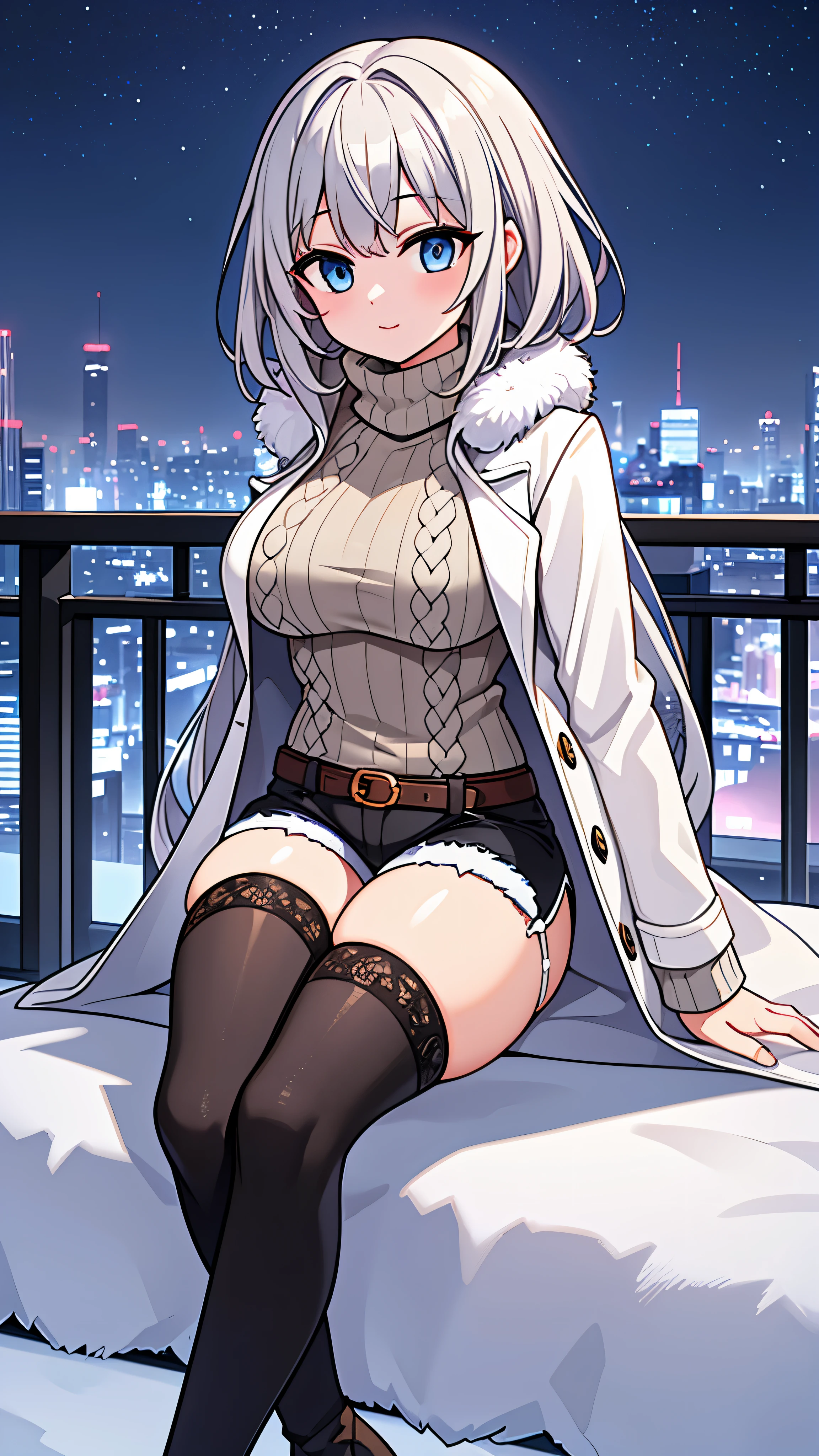 (masterpiece,best quality, detailed,hires:1.4),(cityacape0.5,sky0.3,girl0.2),long distance view,1girl,yo,(solo:1.4),winter cityscape,fine sky,day,BREAK,detailed long hair,detailed face,detailed shining eyes,bloom,glowing,shine skin,(White fur coat, gray turtleneck sweater, short shorts, black stockings, beige long boots:1.4),huge breasts,(happy:1.4),blush,cowboy shot,(feet are outside the viewer:1.4),