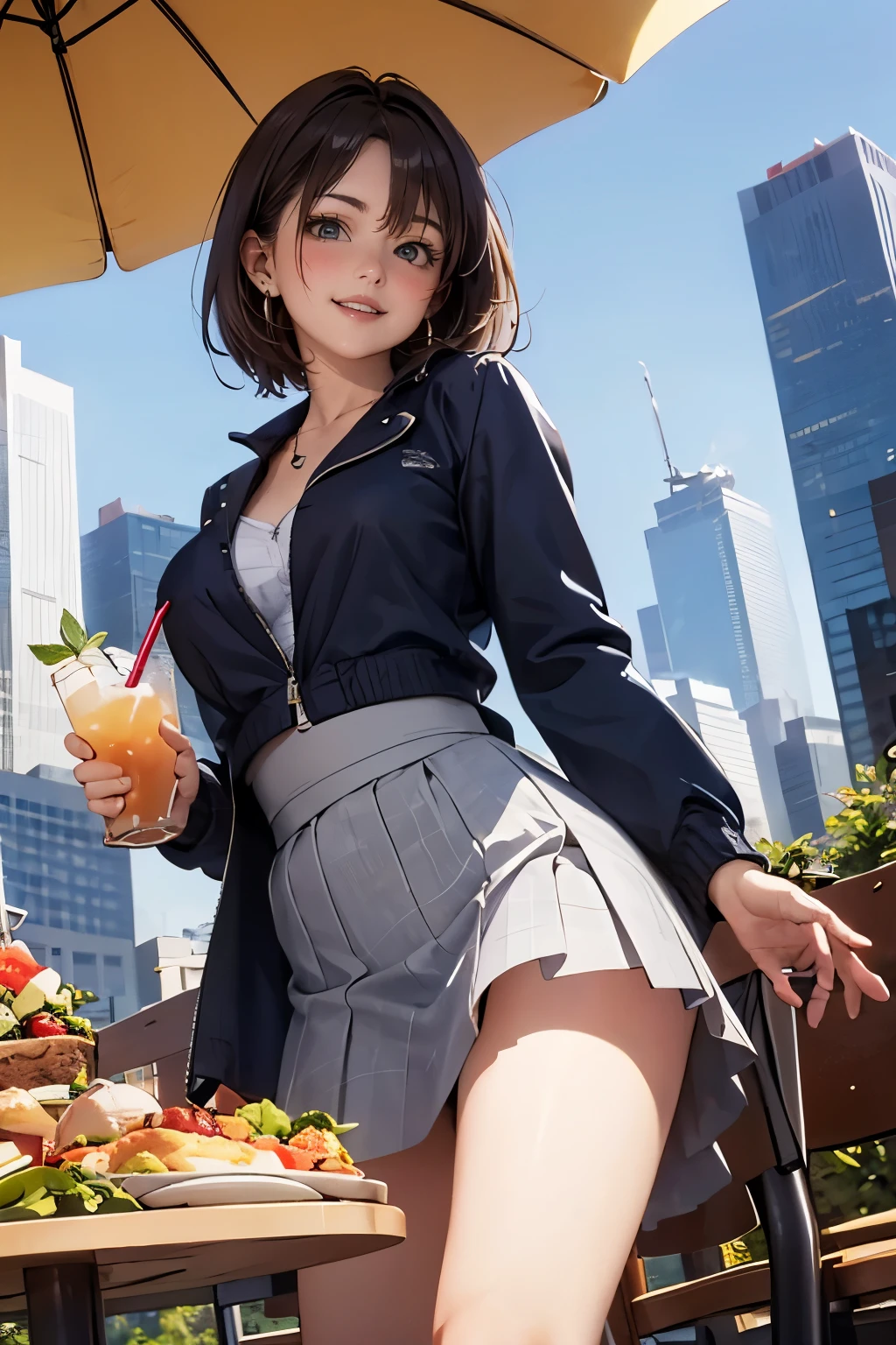 a woman, angle from below, realistic skin, drooping eyes, blush, (casual clothes, jacket, blouse, swollen nipples), tiny stud earrings, (some foods and drinks are on the table), smile, (open legs a little, skirt, panties), short hair, picnic in the park, skyscrapers,