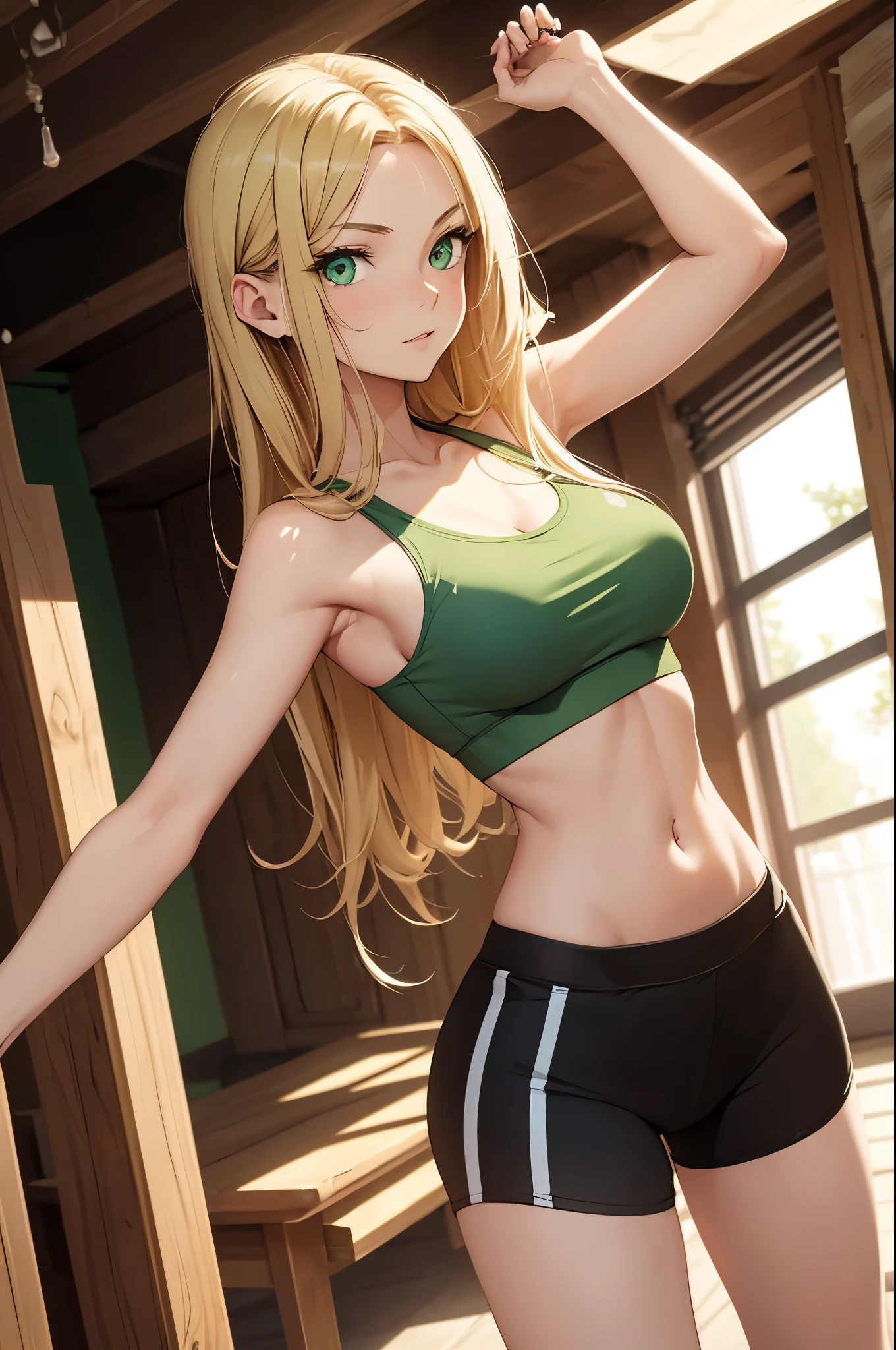 masterpiece, 1girl, yoga, slim body, long blond hair, green eyes, a young face, sports bra and yoga pants, , top, shorts, square shape, green eyes, 37 years old, alone, shinei