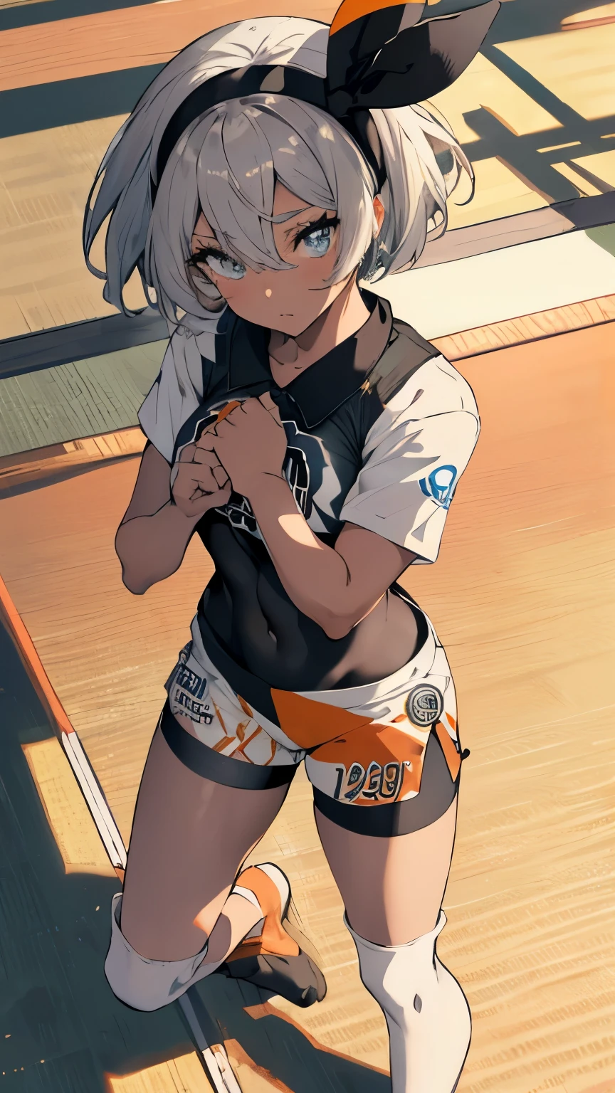 nsfw,top-quality,Top image quality,in 8K,4K,​masterpiece,ultra-detailliert,Beautiful、ultra-quality, best quality,high resolution, ultra-detailed,game cg,dutch angle ,beautiful detailed eyes, visualart,five fingers, perfect hands,beautiful girl,
1 girl, alone, indoors, dojo, tatami, From above, clenched hands, closed mouth, take your feet apart,Depth of bounds written, legs stick out from frame,(fighting stance),(standing on one leg),
bea \(Pokemon\), bow hairband, Tied shirts, printed shirt, black bodysuit, bodysuit under clothes, single glove, print shorts, knee pads,  