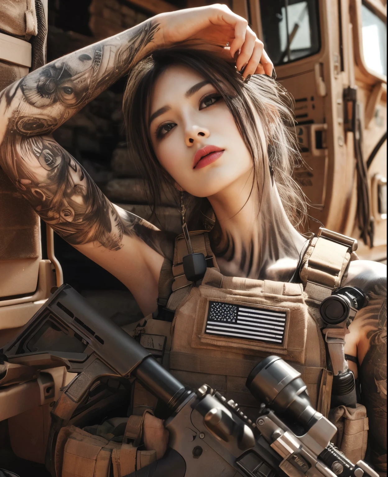 photorealistic、realistic skin texture、automatic rifle、tattoo