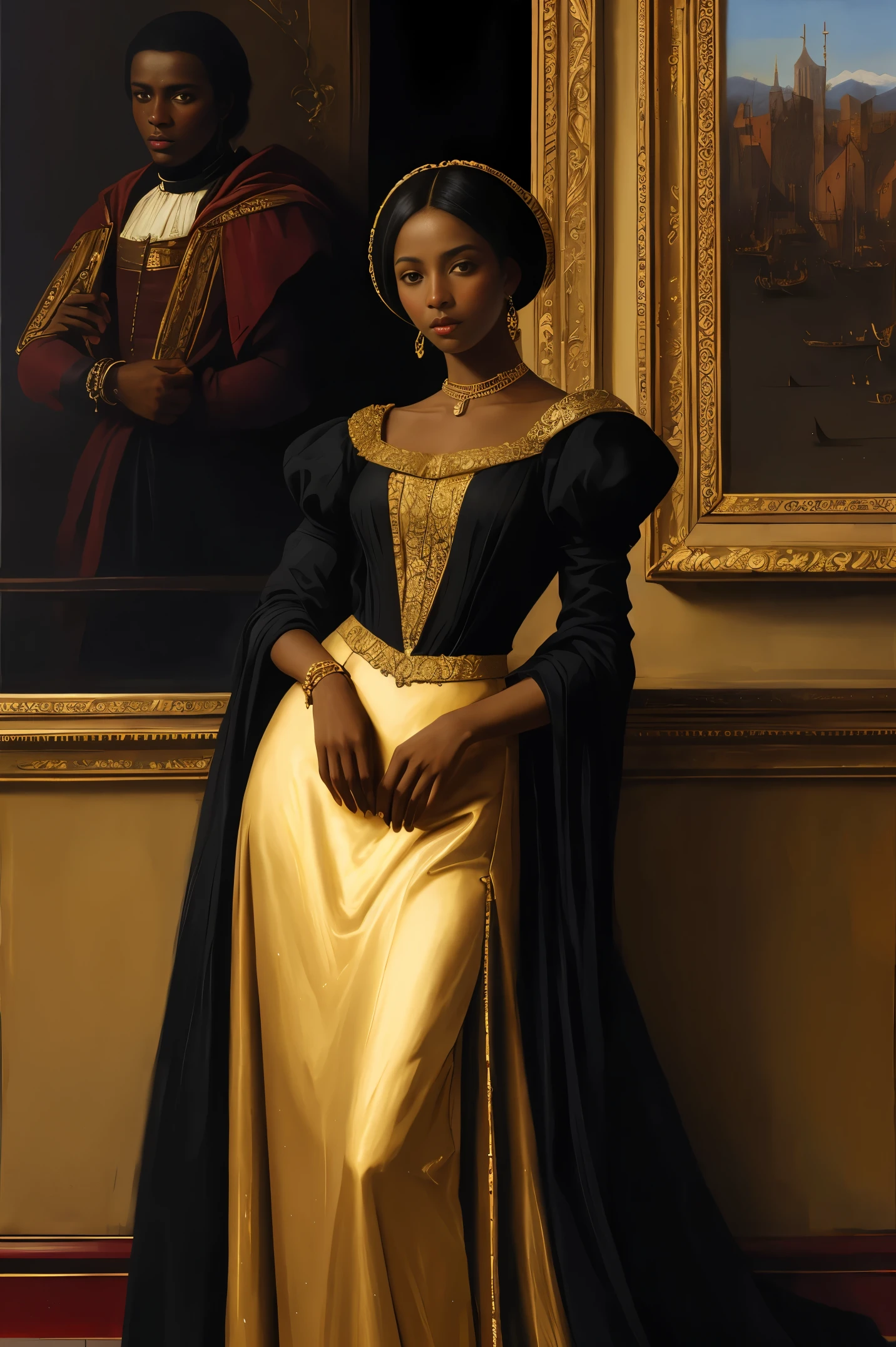 Beautiful woman with dark skin in gold dress, Renaissance style, Art by Vasily Vereshchagin