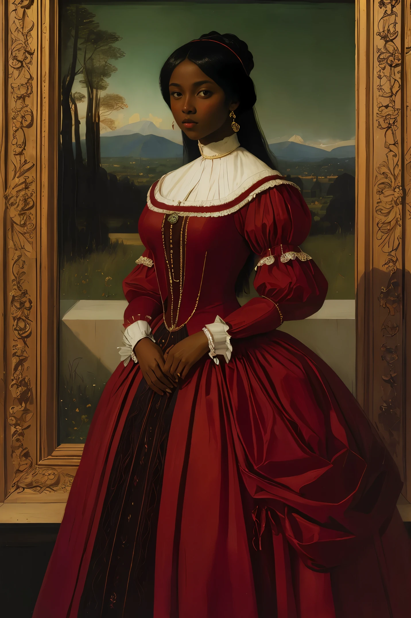 Beautiful woman with dark skin in a red dress, Renaissance style, Art by Vasily Vereshchagin