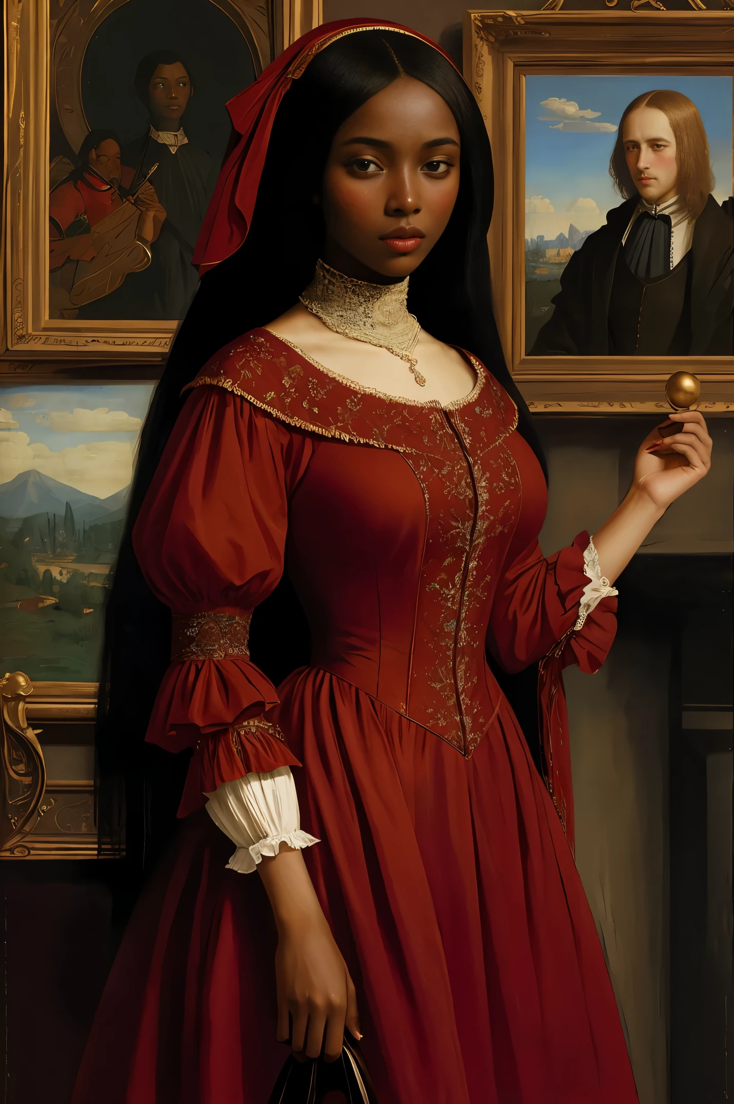 Beautiful woman with dark skin in a red dress, Renaissance style, Art by Vasily Vereshchagin