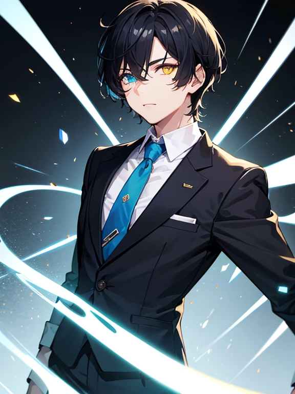 (masterpiece), best quality, high quality, dynamic light, 1boy, upper body, solo, school uniform, (blue tie), trousers, (heterochromia), (blue left eye, yellow right eye:1.1), normal face, (glowing yellow eye), (hairstyle: straight), black hair, middle hair, (hair covers the eye:1.2), standing, white theme, looking at viewer