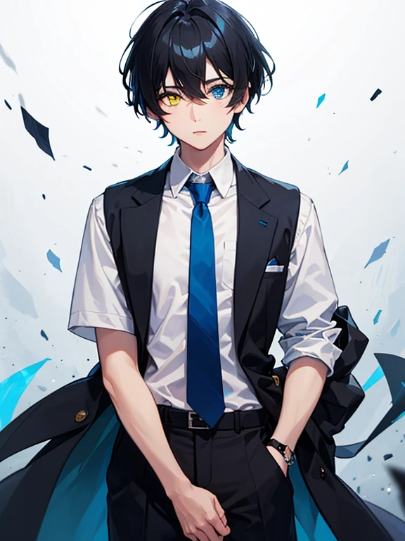 (masterpiece), best quality, high quality, dynamic light, 1boy, upper body, solo, school uniform, (blue tie), trousers, (heterochromia), (blue left eye, yellow right eye:1.1), normal face, (glowing yellow eye), (hairstyle: straight), black hair, middle hair, (hair covers the eye:1.2), standing, white theme, looking at viewer