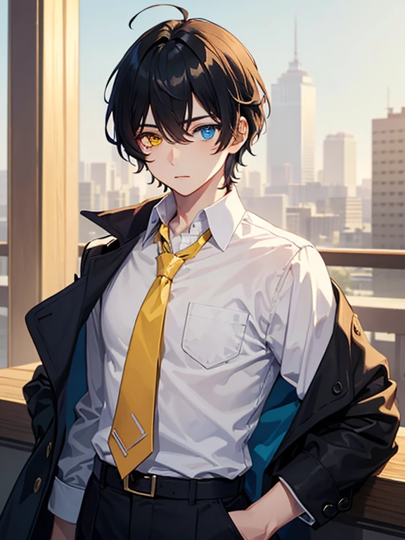 (masterpiece), best quality, high quality, dynamic light, 1boy, upper body, solo, school uniform, (blue tie), trousers, (heterochromia), (blue left eye, yellow right eye:1.1), normal face, (glowing yellow eye), (hairstyle: straight), black hair, middle hair, (hair covers the eye:1.2), standing, white theme, looking at viewer