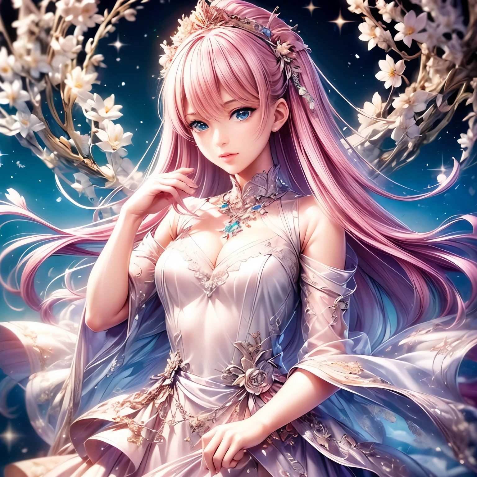 (highest quality:1.4),(masterpiece:1.4),super detailed,8K,cg,exquisite,Upper body,Lonely,thumb girl,Little Princess,flowing coat dress,garden background,detailed facial features,long curly hair,Almond Eyes,Delicate eye makeup,long fluttering eyelashes,Sparkling starry eyes,and a starry gaze, intricate lip details,soft and harmonious style.