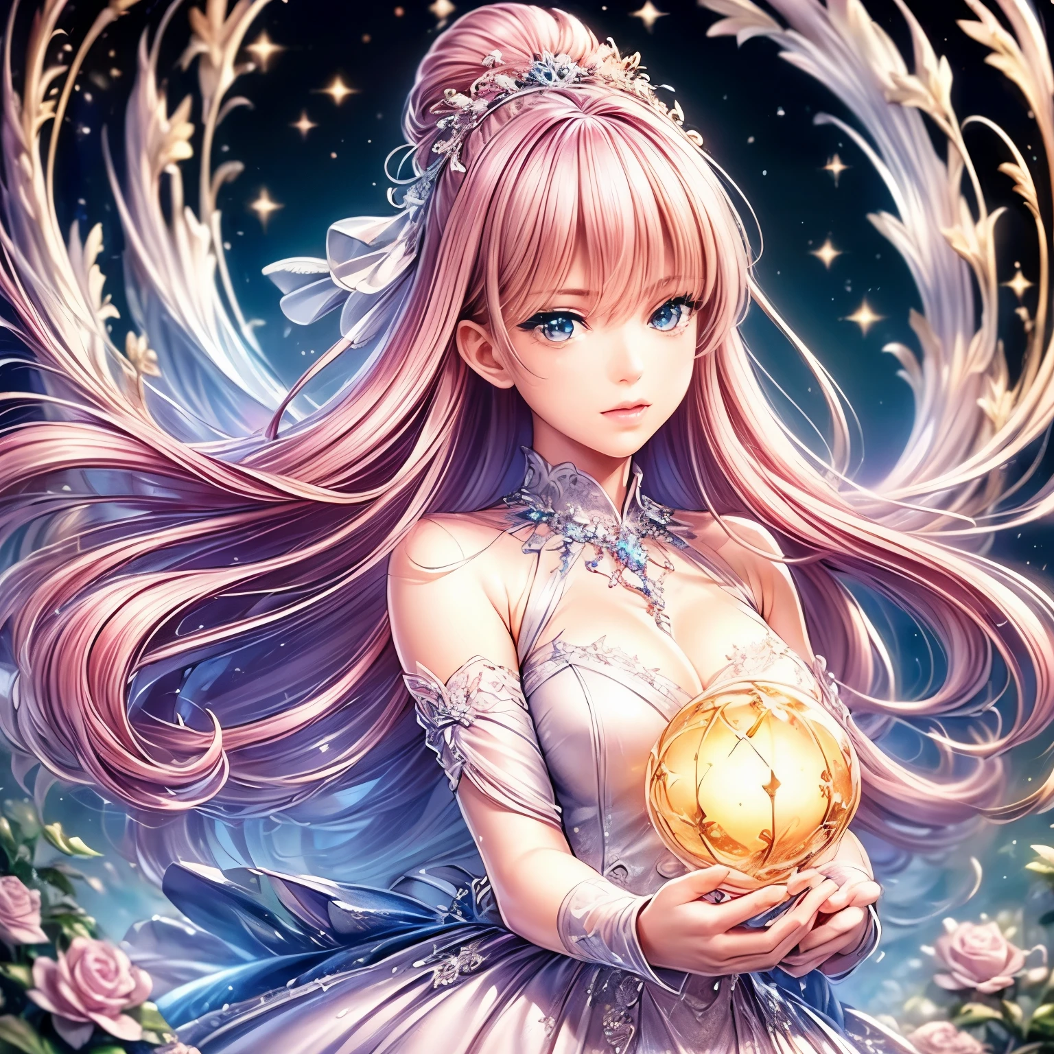 (highest quality:1.4),(masterpiece:1.4),super detailed,8K,cg,exquisite,Upper body,Lonely,thumb girl,Little Princess,flowing coat dress,garden background,detailed facial features,long curly hair,Almond Eyes,Delicate eye makeup,long fluttering eyelashes,Sparkling starry eyes,and a starry gaze, intricate lip details,soft and harmonious style.