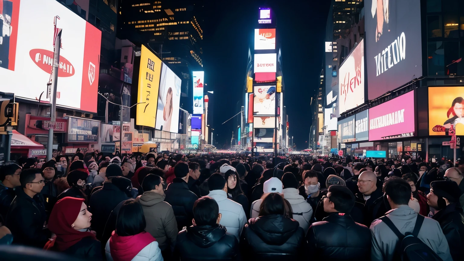 The future Times Square in New York full of cyberpunk style, and the streets are densely packed with people watching the special news broadcast on the big screen.