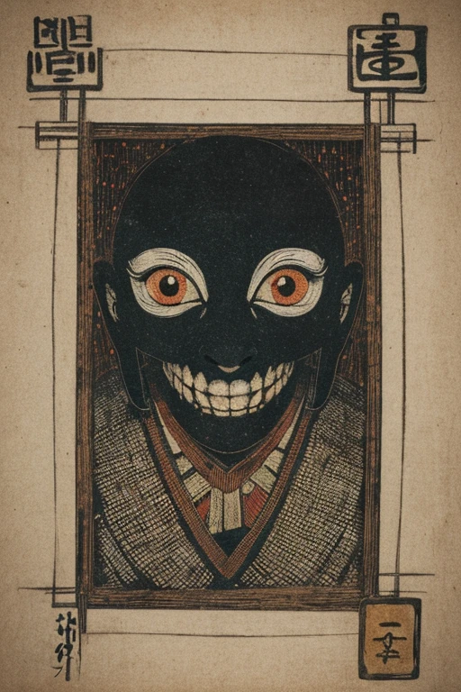 ((jumpscare)), Outline warm color, ((festival)), ((Chojugiga)), ((Shihon Bokuga)), antique, (anthropomorphism), (Sumi-e), Monochrome art, (Old paper style illustration), (hunting paintingural style, Little monster, old performance, variational pointillism, flat illustration, eerie, horror elements, eerie worldview, (primitive art), Outline warm color, old picture scroll style, old staging, Ancient mural style