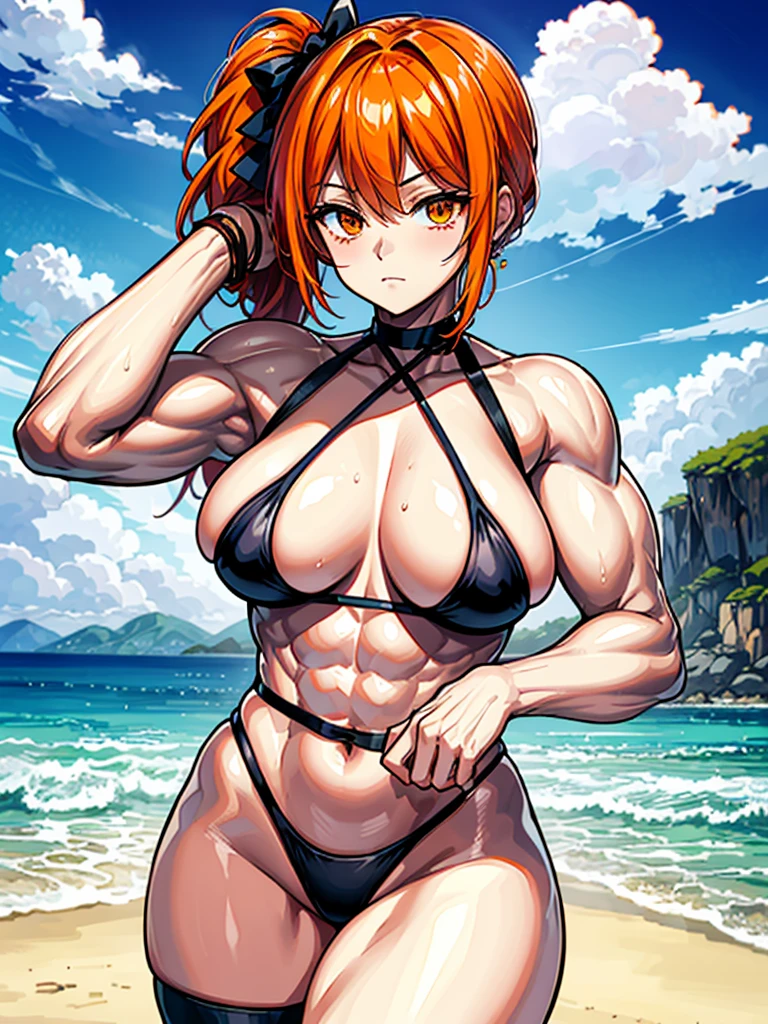(((masterpiece、Highest image quality、highest quality、highly detailed unity 8kwallpaper)))、((Illustration of one girl))、(((beautiful girl)))、((orange hair、side ponytail、sidelocks:1.4、orange eyes))、(((stocky build:1.5, thickset physique:1.6, muscular legs, broad shoulders:1.6, solid chest:1.5)))、swimsuit、sandy beach