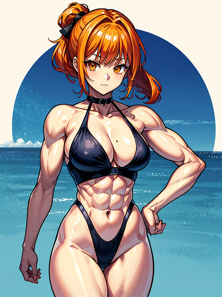 (((masterpiece、Highest image quality、highest quality、highly detailed unity 8kwallpaper)))、((Illustration of one girl))、(((beautiful girl)))、((orange hair、side ponytail、sidelocks:1.4、orange eyes))、(((stocky build:1.5, thickset physique:1.6, muscular legs, broad shoulders:1.6, solid chest:1.5)))、swimsuit、sandy beach